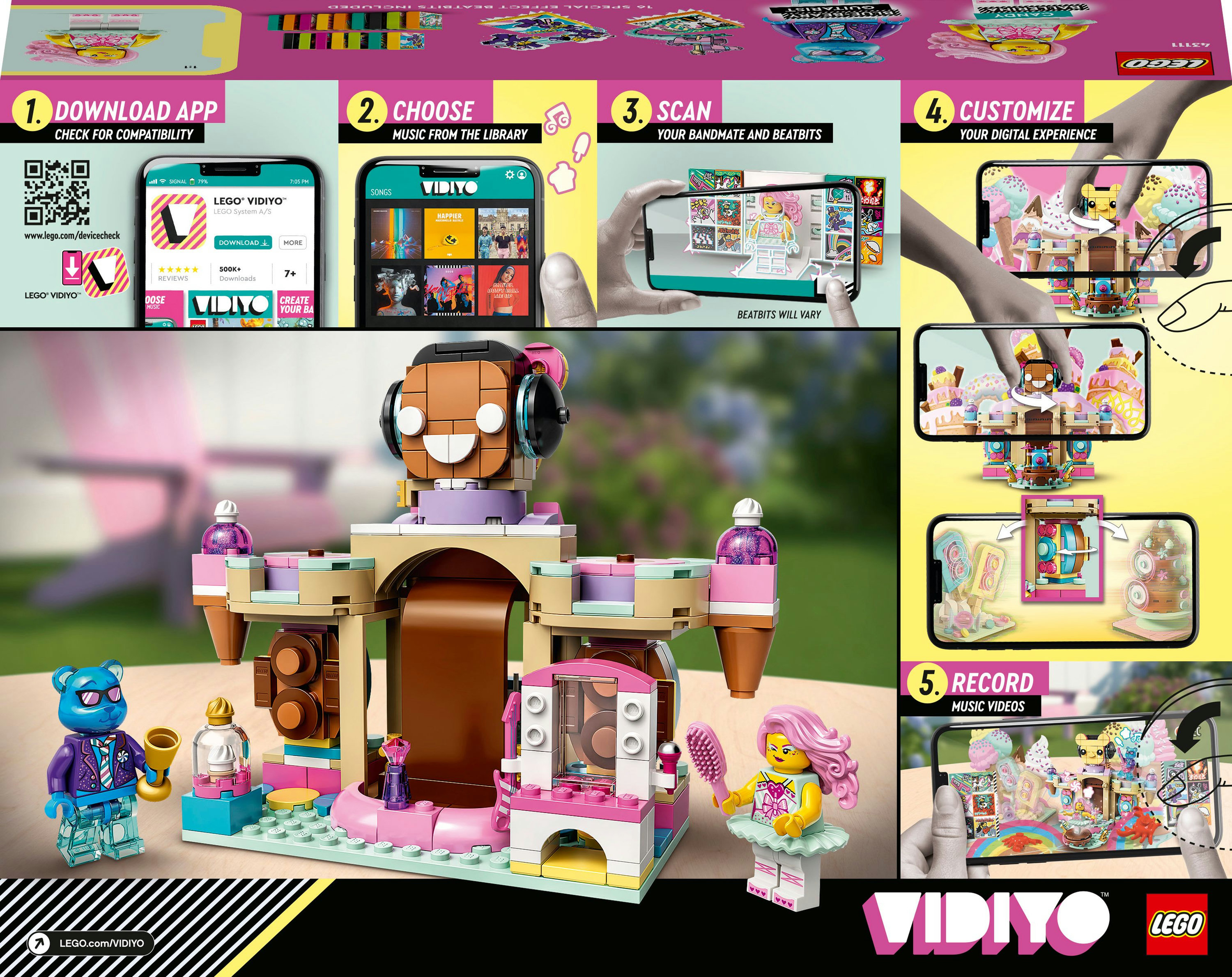 Zestaw Lego Vidiyo. Zawiera instrukcje budowy, scenę, figurki i telefon.
