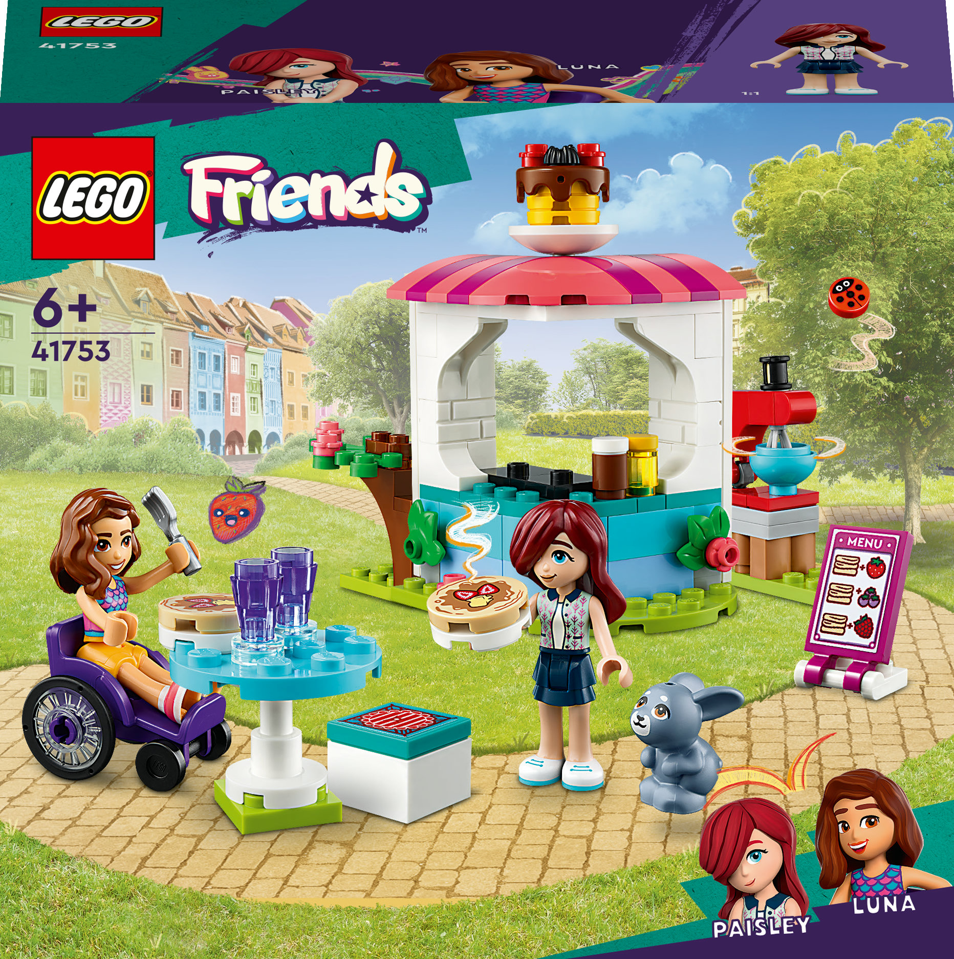 Figürler, masalar, bir yiyecek standı ve çeşitli aksesuarlar içeren bir kafe sahnesi ile Lego Friends seti.