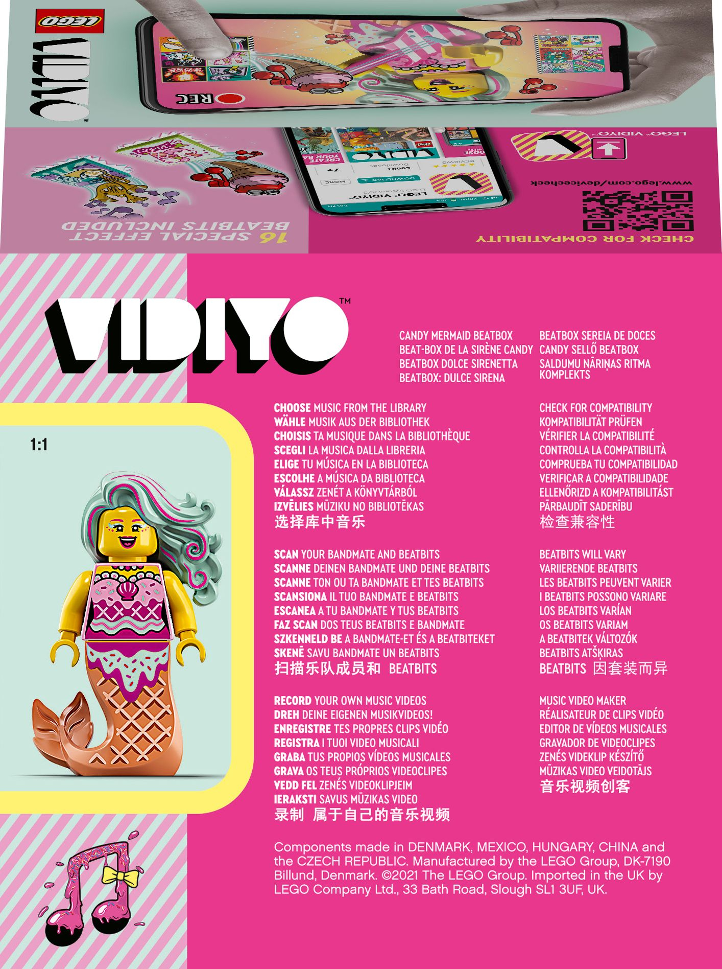 Pudełko zestawu LEGO Vidiyo, z figurką syreny i różnymi tekstami i grafikami.