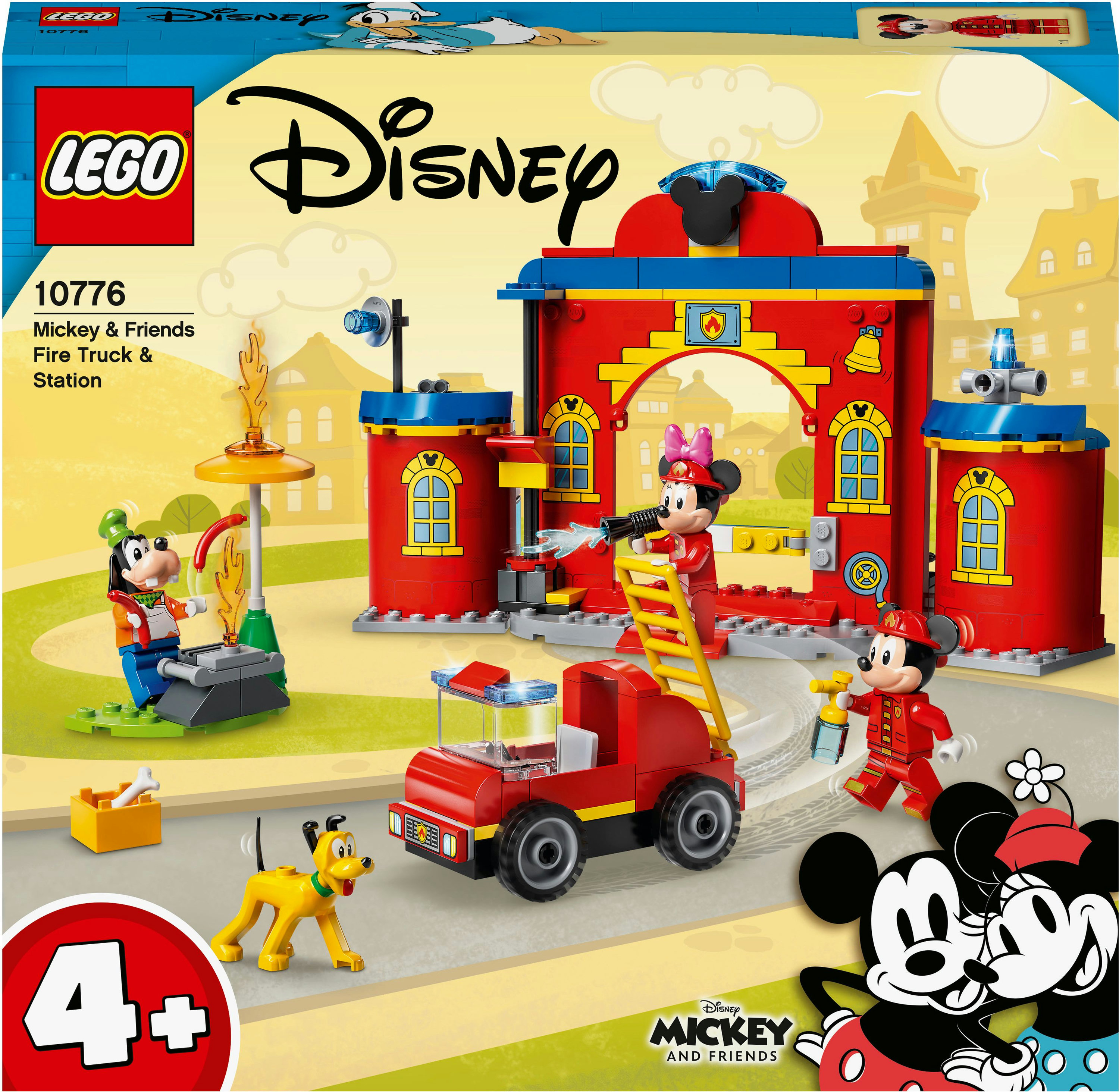 LEGO Disney Mickey & Friends Set mit Feuerwache, Feuerwehrauto und mehreren Charakteren.