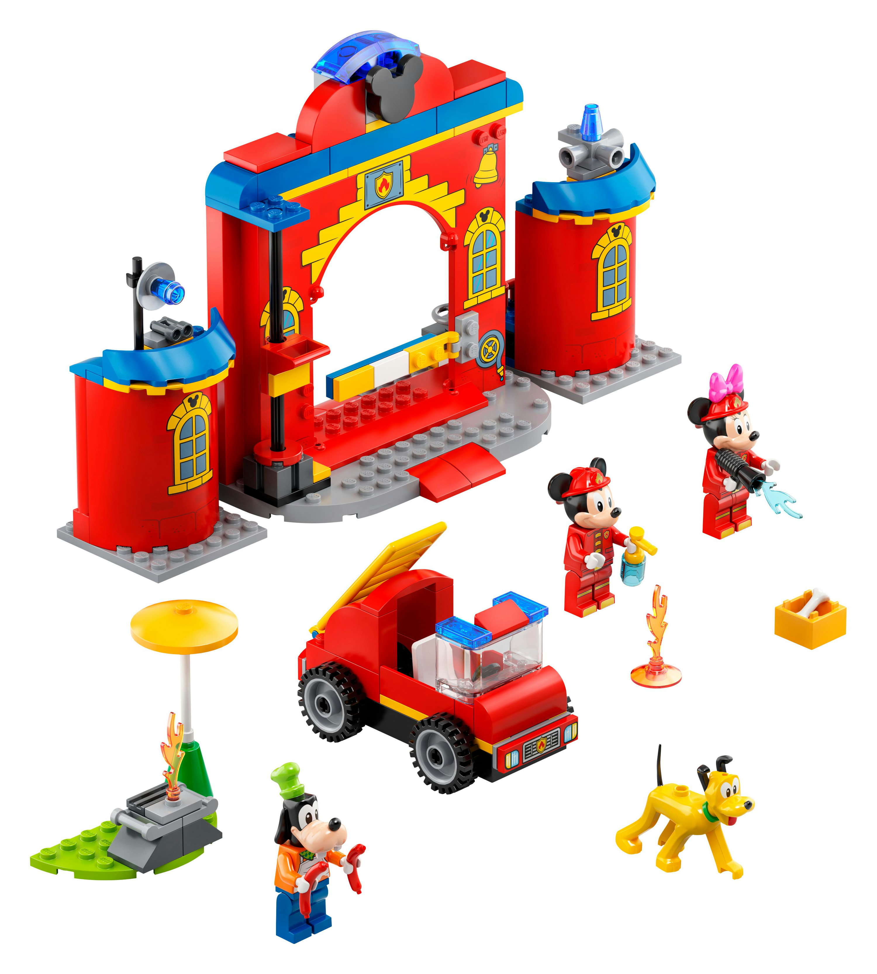 Ein Lego-Feuerwehr-Set. Mickey Mouse und Minnie Mouse Figuren sind im Set enthalten.