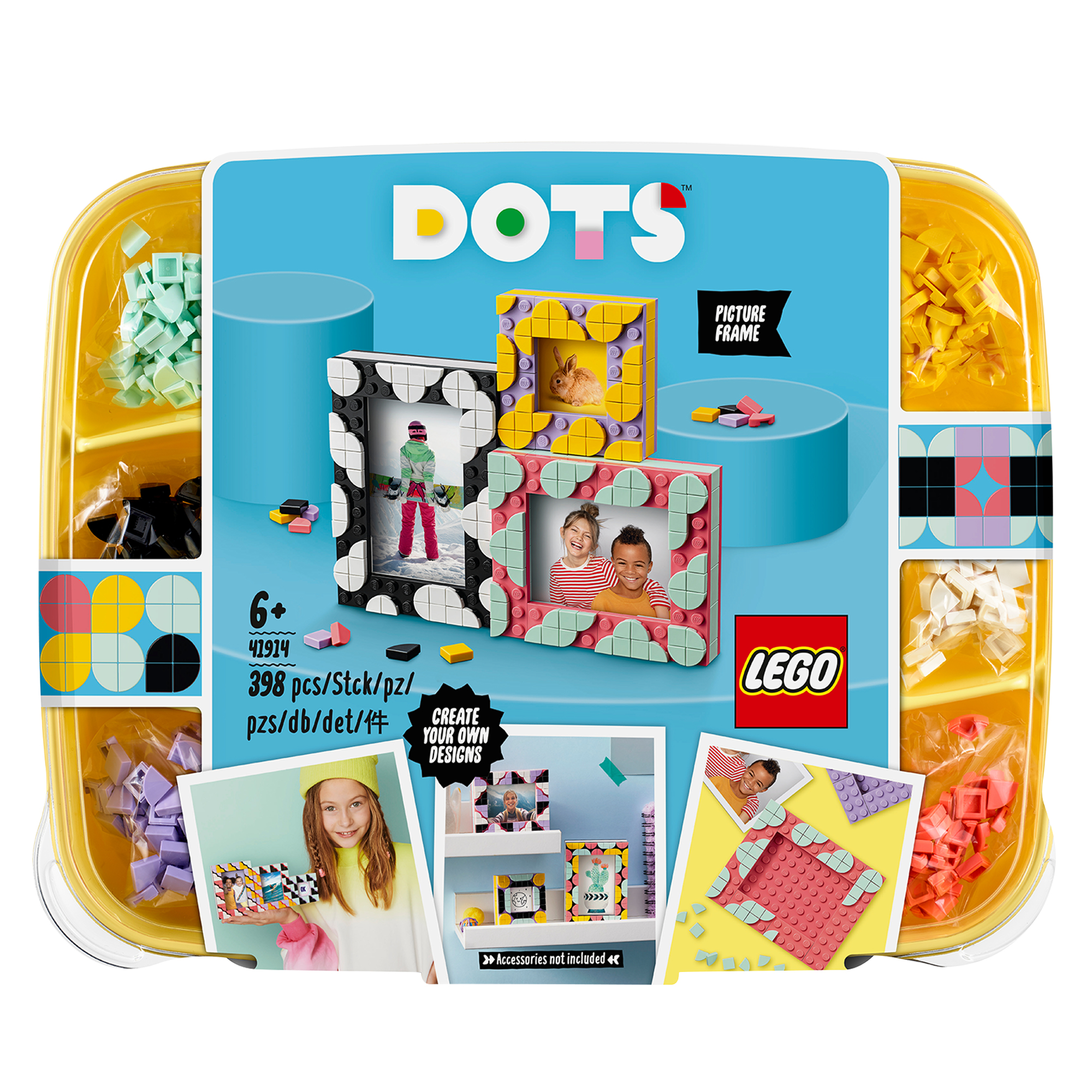 Set LEGO DOTS con cornici e accessori; vari elementi colorati.