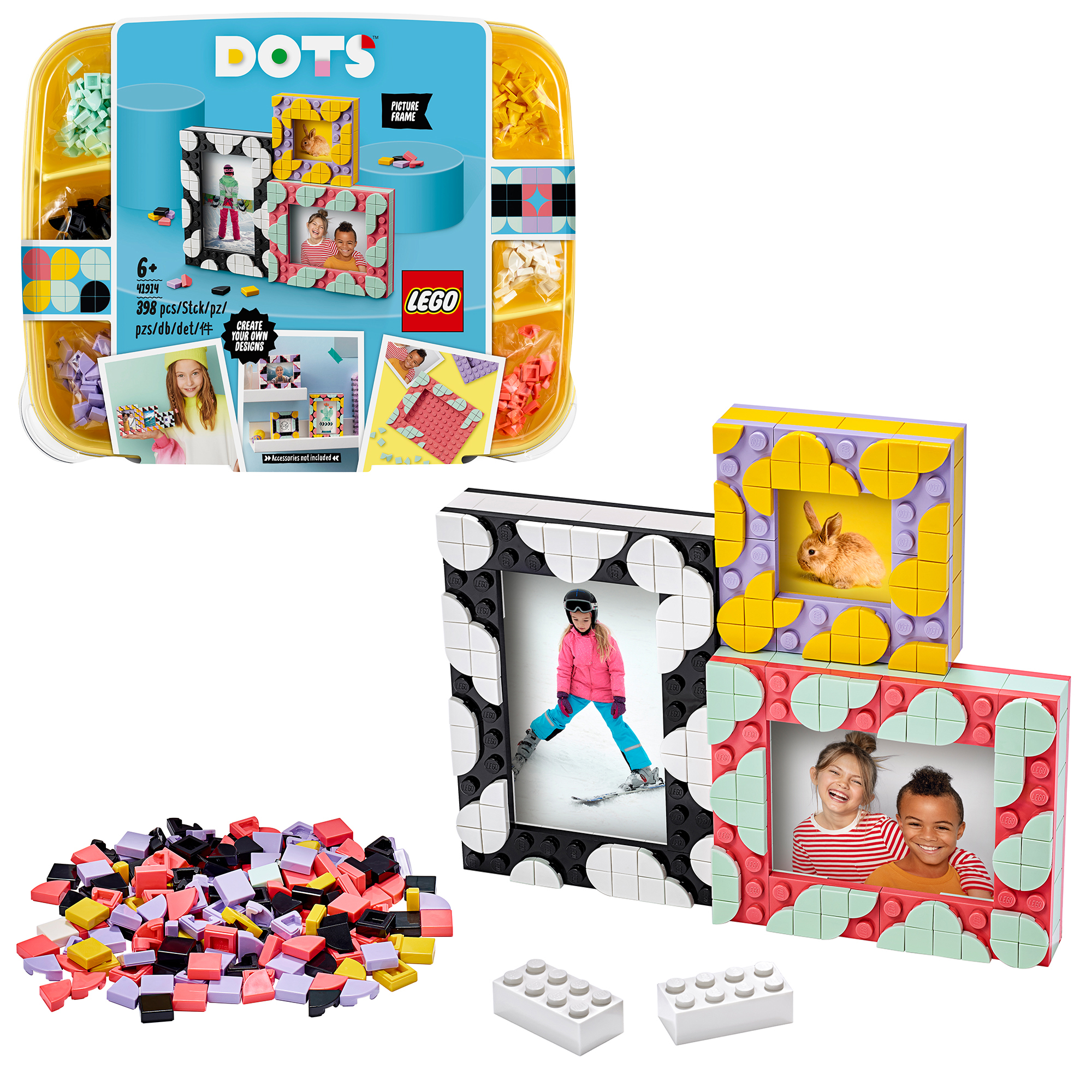 Cornici LEGO DOTS, con un vassoio di tessere colorate ed esempi di cornici.