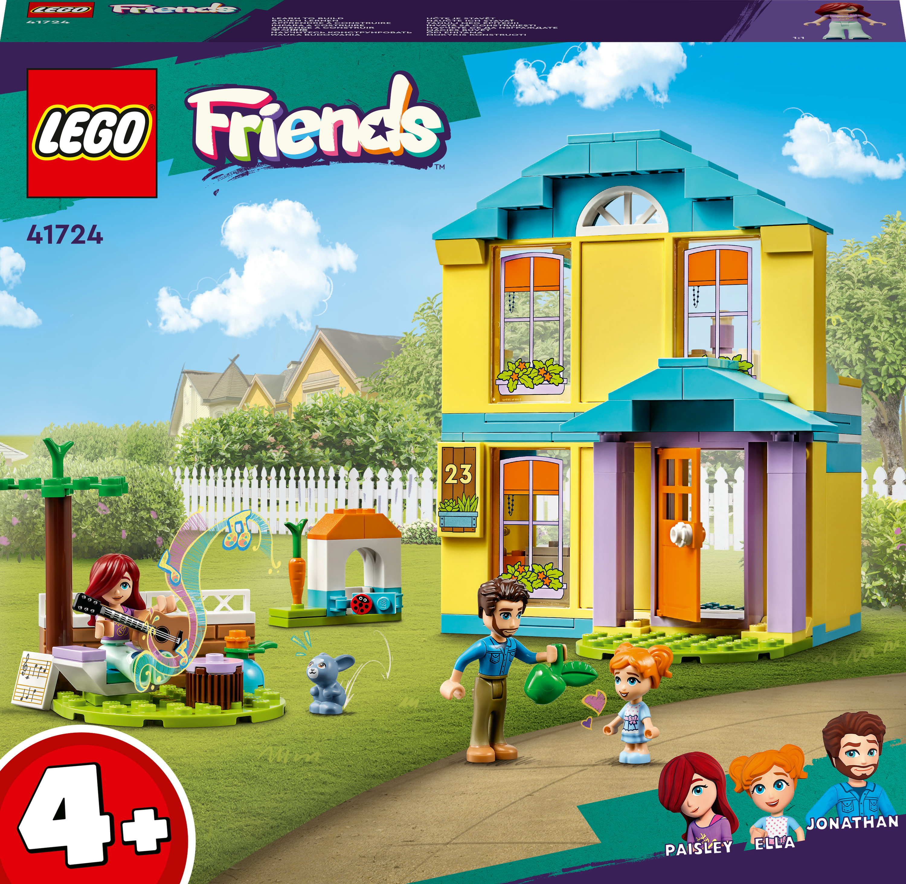 Ein Lego Friends Set mit gelbem Haus, Mädchen mit Gitarre und zwei Figuren.