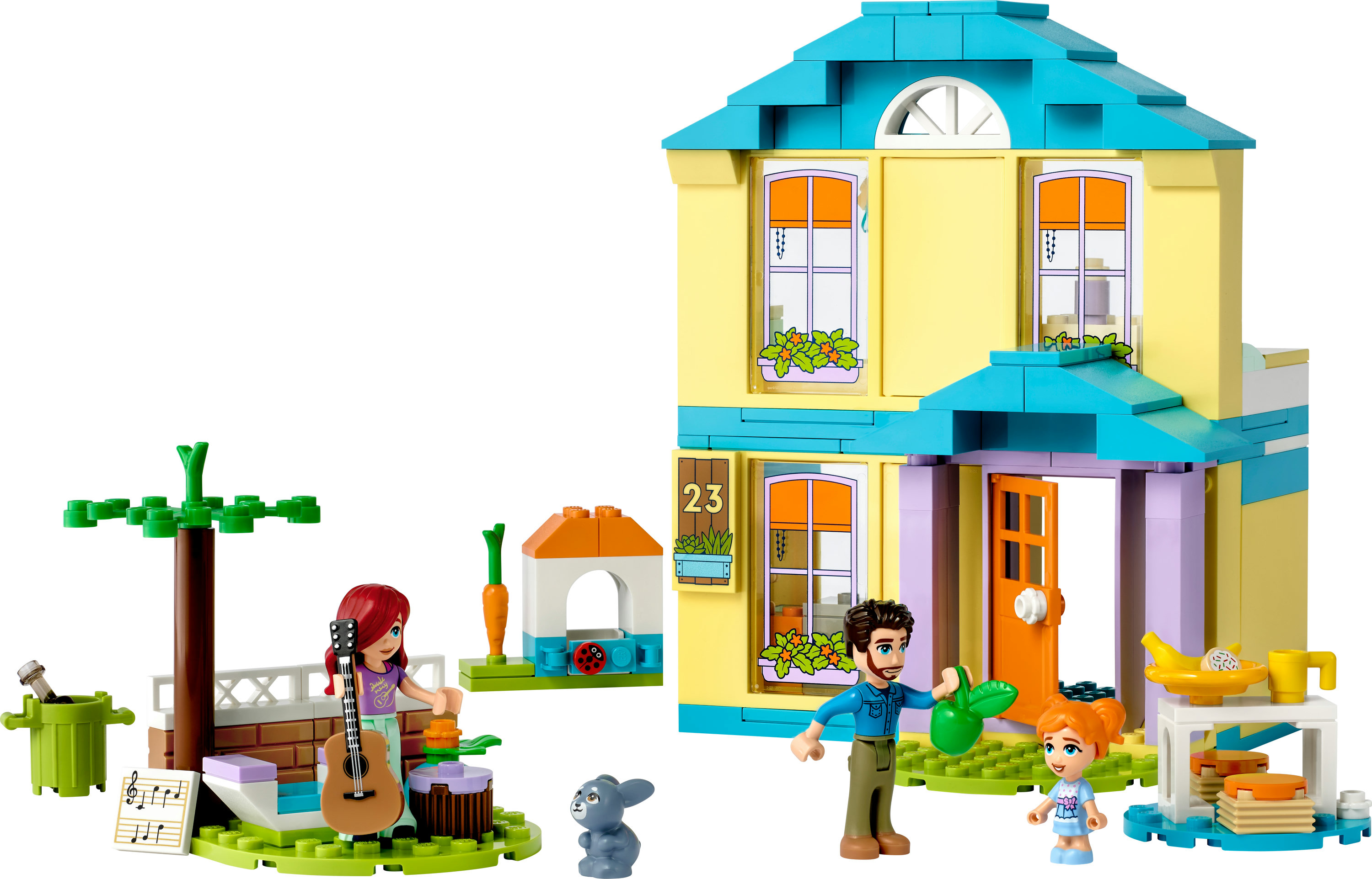 Lego Friends Set mit Haus, Figuren und Zubehör, darunter eine Gitarre und ein Baum.