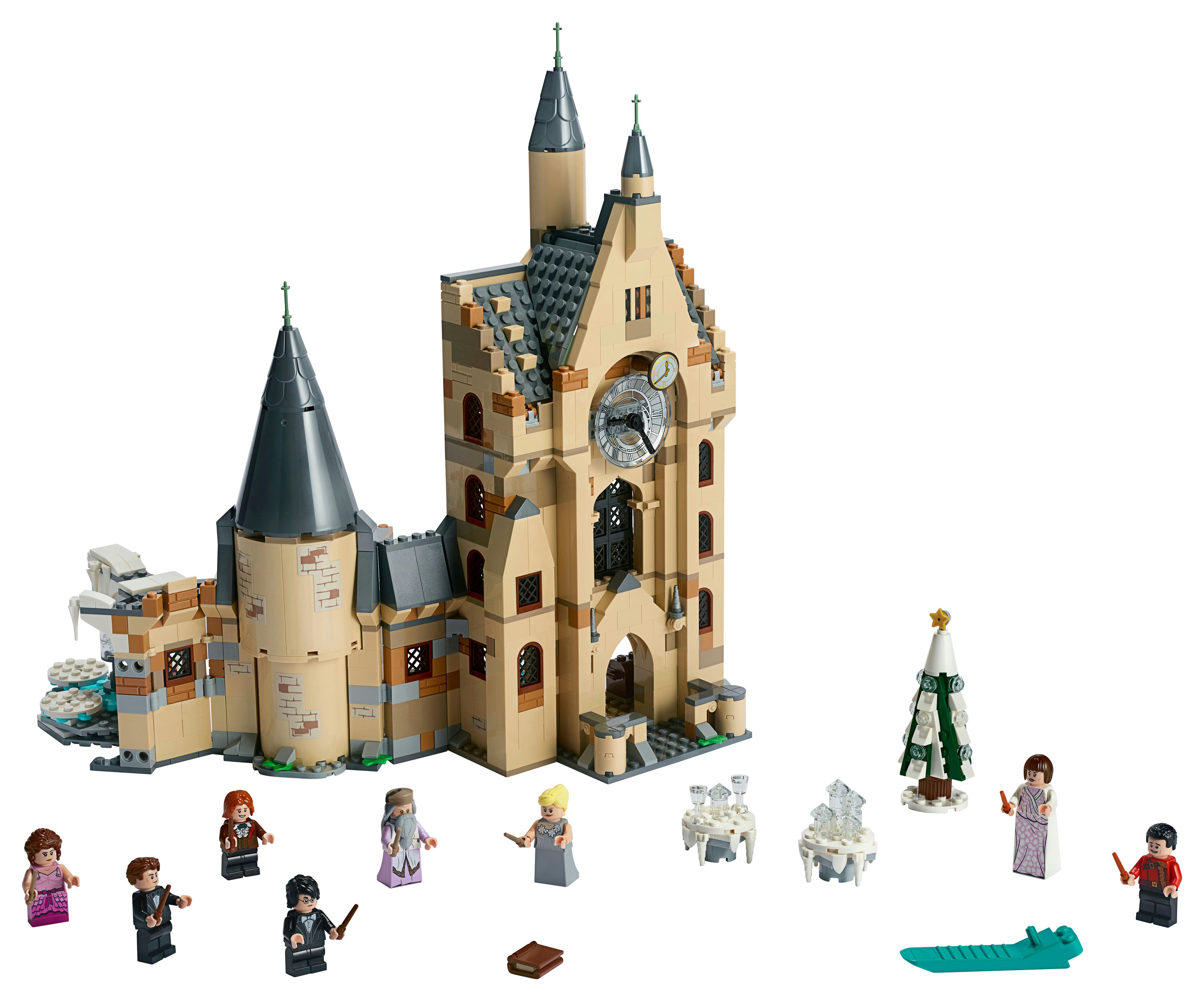 Lego Harry Potter Set mit hohem Gebäude, Figuren und Weihnachtsbaum, schneebedeckter Boden.
