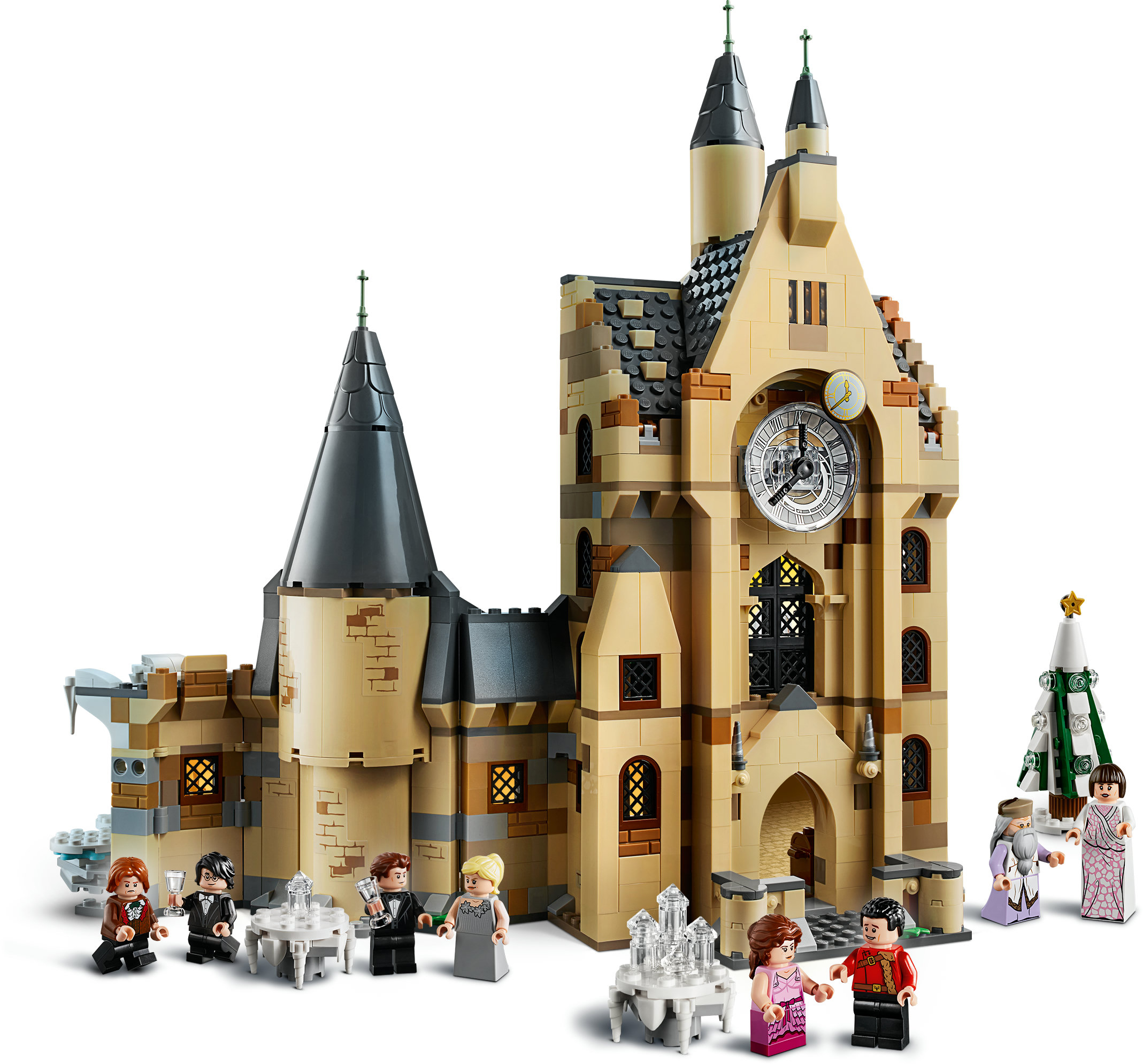 Ein Lego-Bausatz eines Uhrturms mit Figuren von Personen davor. Verfügt über eine Uhr und hohe Türme.