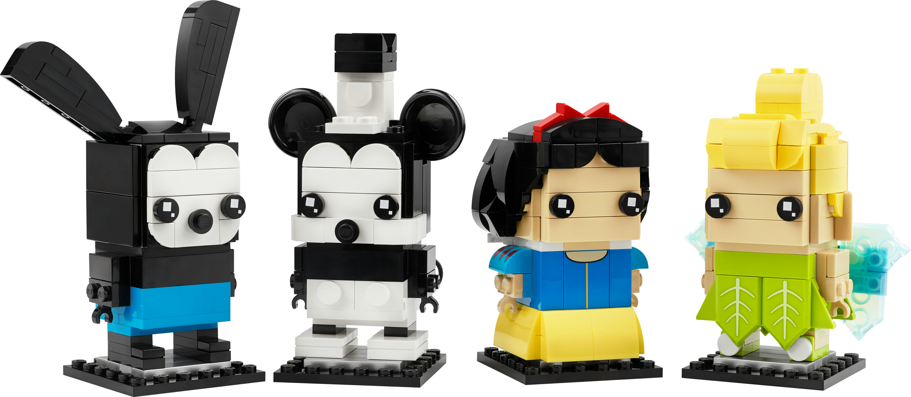 Figurki LEGO BrickHeadz Disney: Oswald, Myszka Miki, Królewna Śnieżka i Dzwoneczek. Każda w unikalnym stylu.