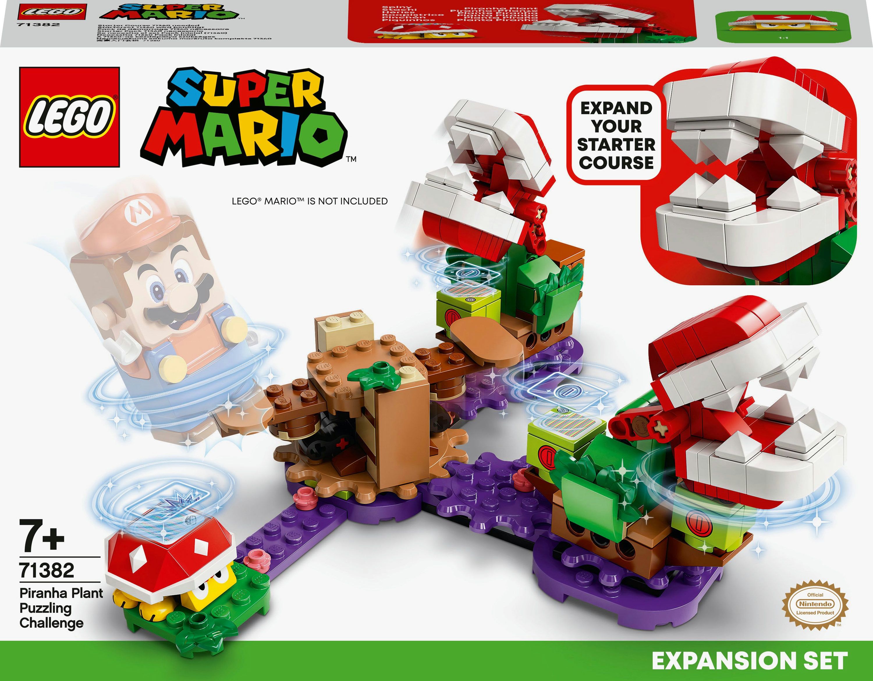 Zestaw Lego Super Mario Piranha Plant z figurką Mario i szczegółami zestawu rozszerzającego.