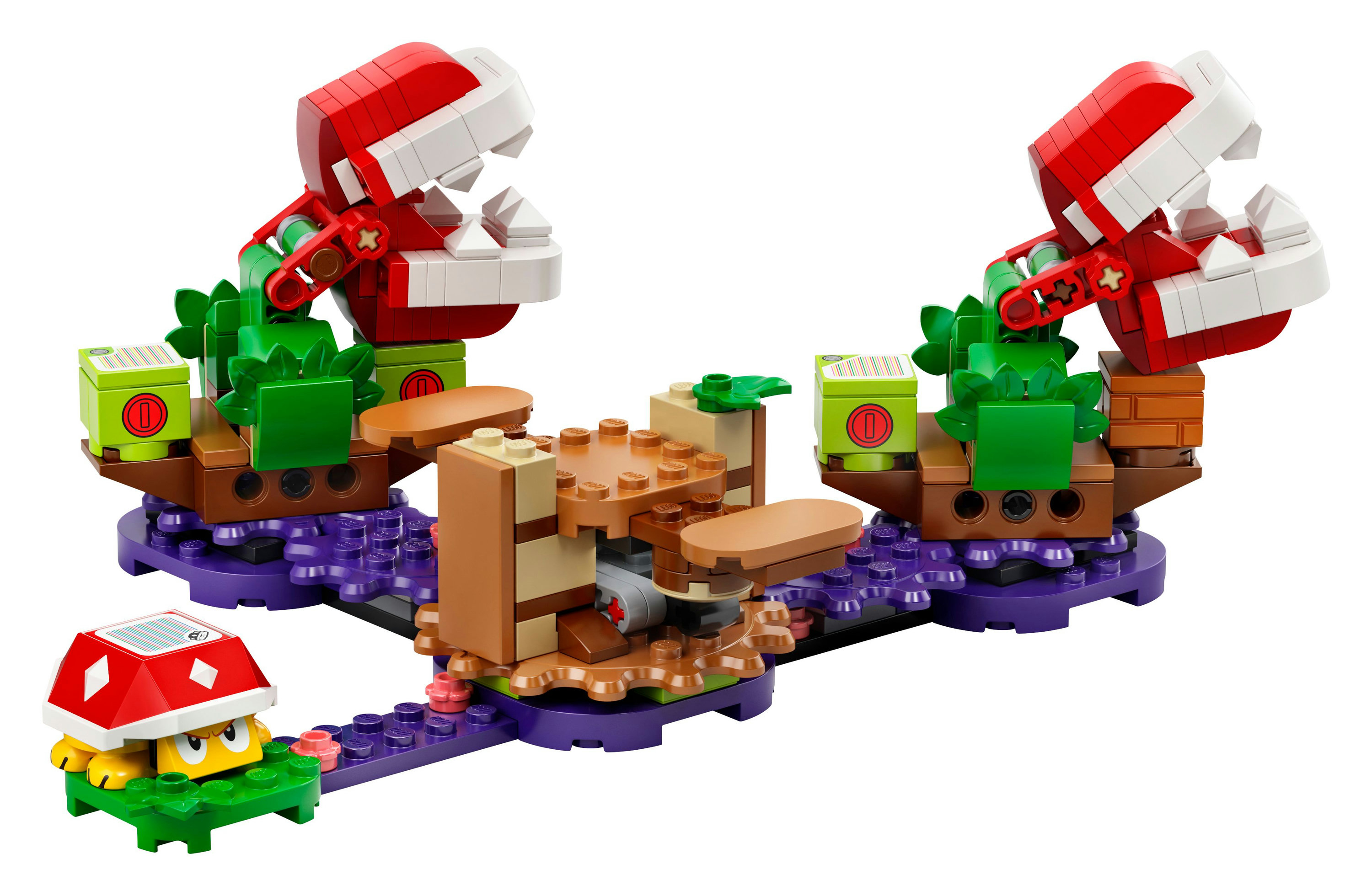 Zestaw LEGO Super Mario Piranha Plant z dwiema roślinami Piranha i postacią grzyba.