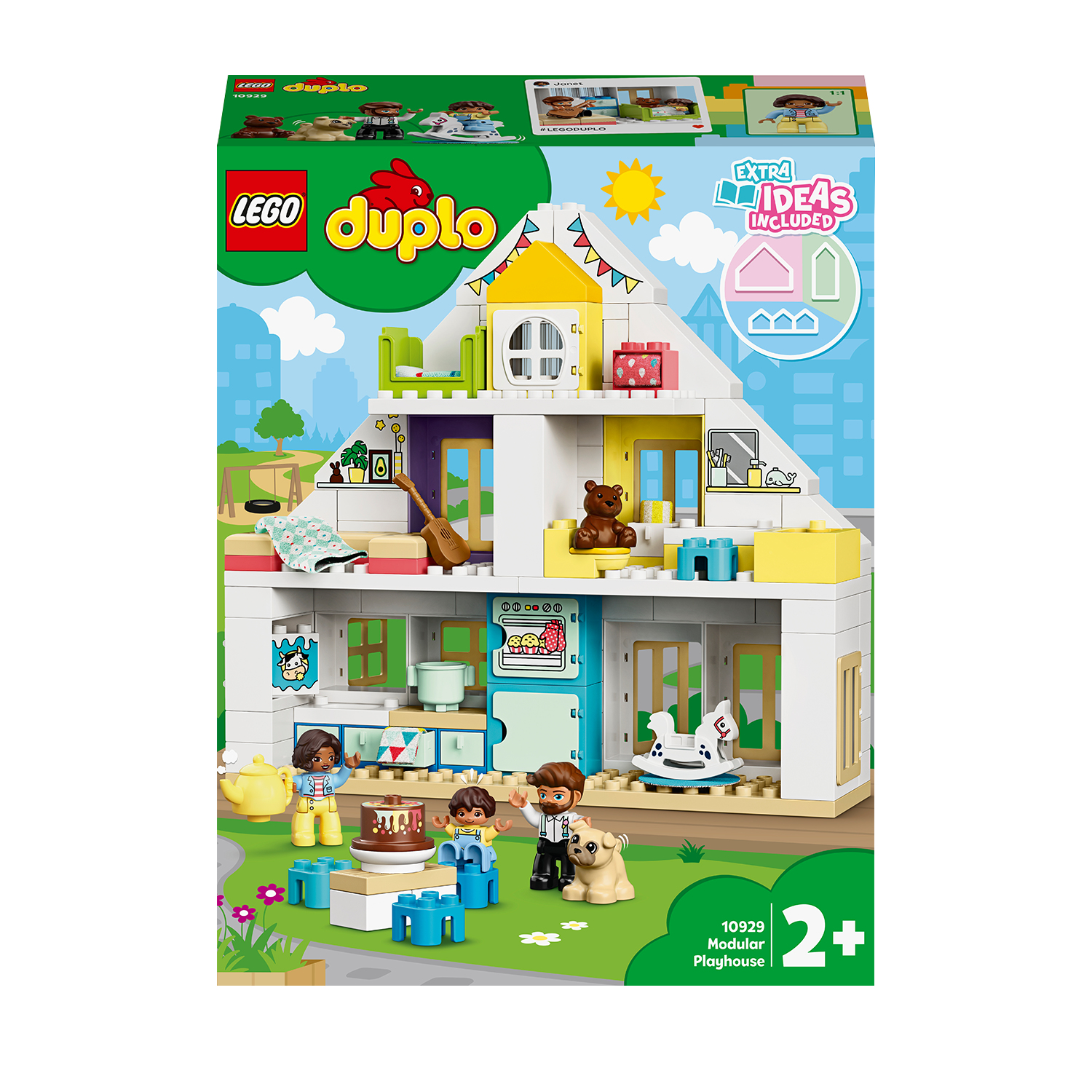 Ensemble Lego Duplo de maison modulaire. Comprend une maison avec des figurines, un chien et divers accessoires. Coloré.