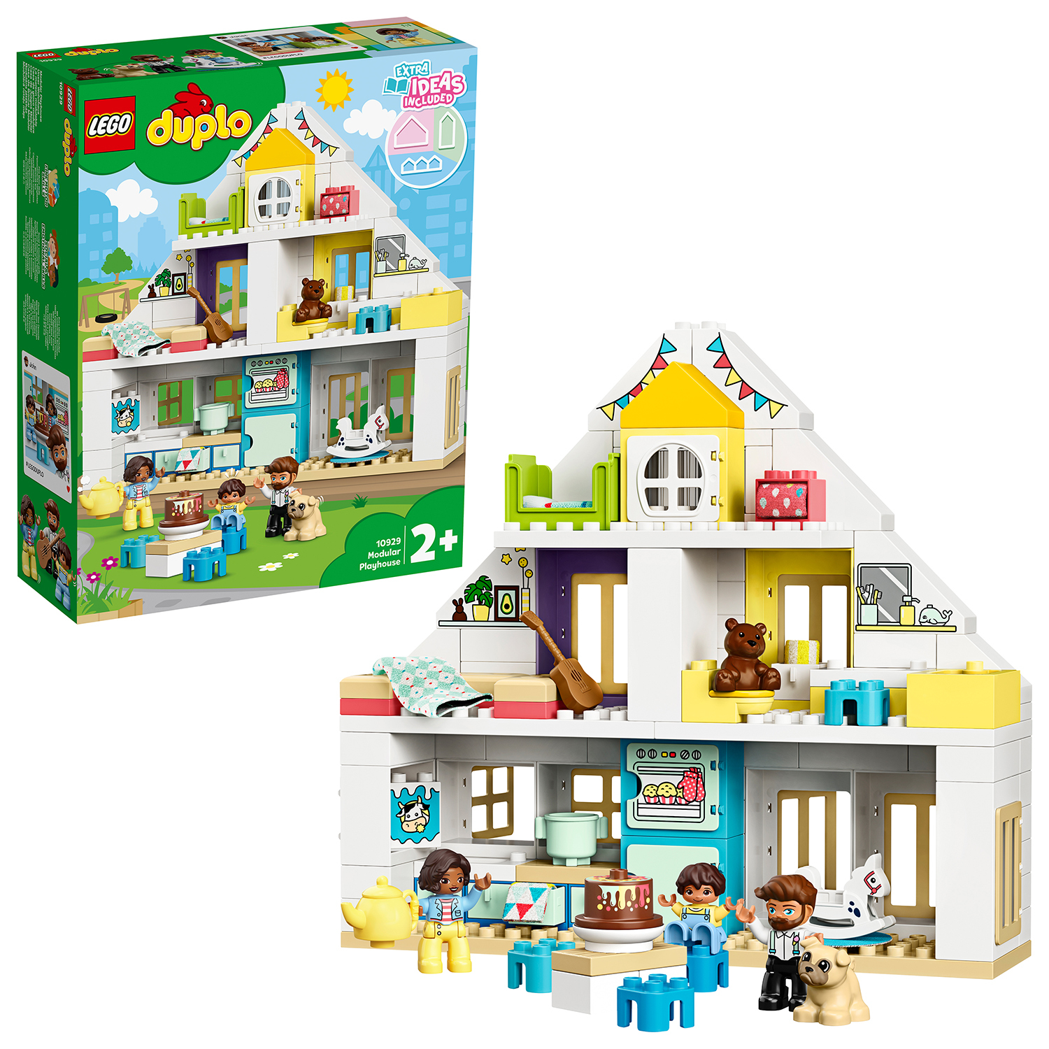 Ensemble Lego Duplo avec une maison et des figurines. Comprend une boîte avec une image de maison et des jouets.