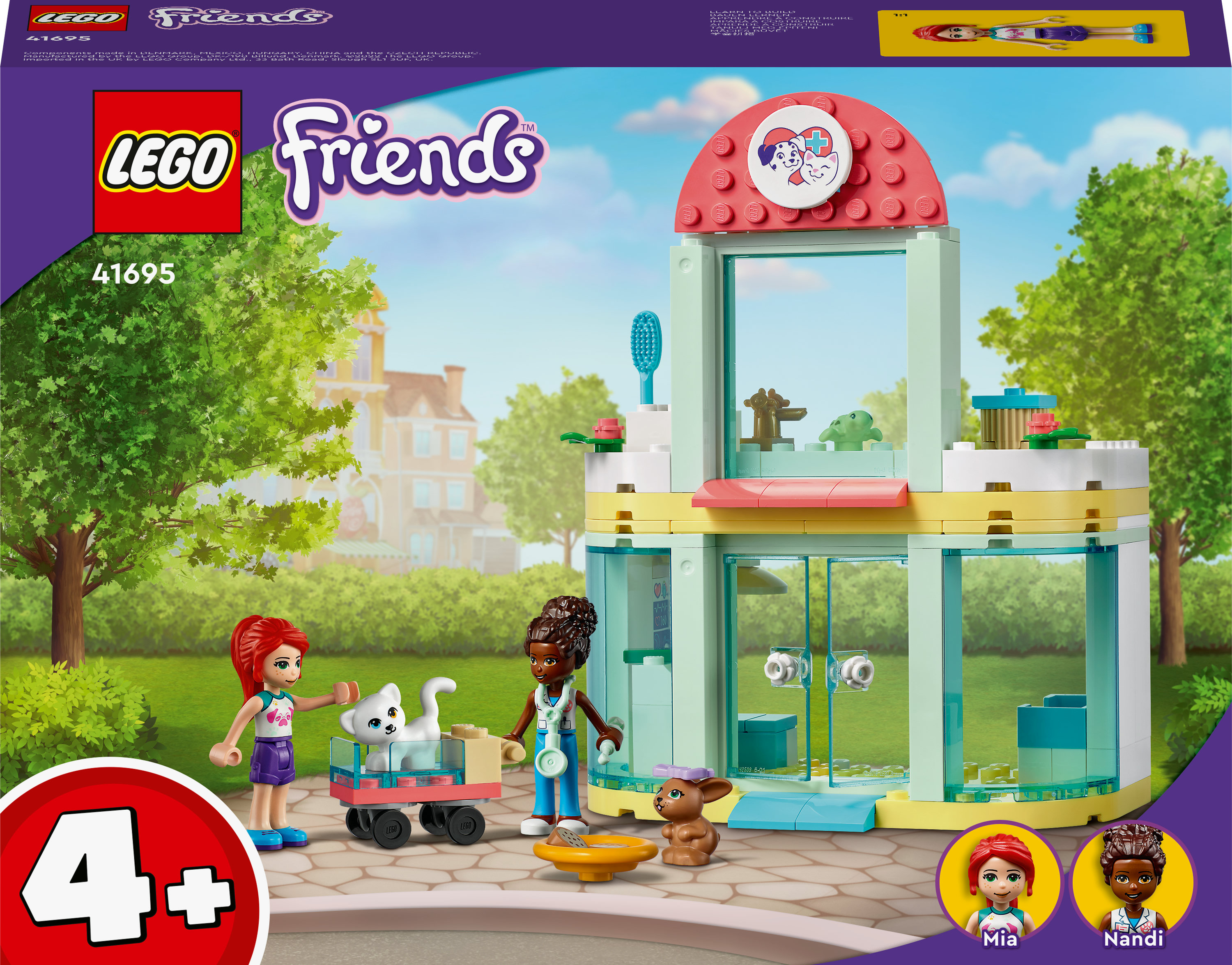 LEGO Friends-set die een dierenkliniek uitbeeldt met figuren, Mia, Nandi, een kat en een puppy.