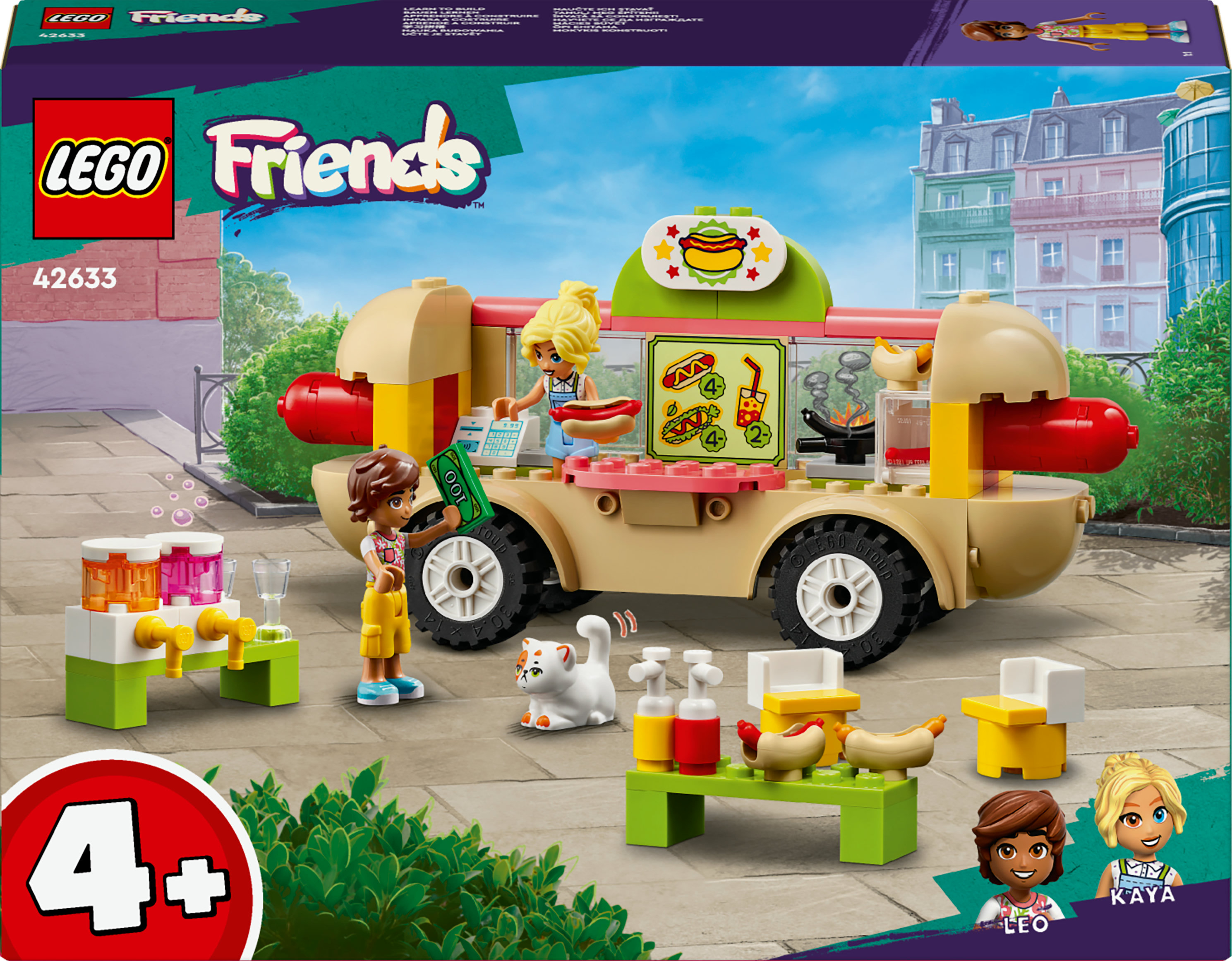 Set LEGO Friends, camión de comida de perritos calientes, con figuras, un gato y accesorios de comida.