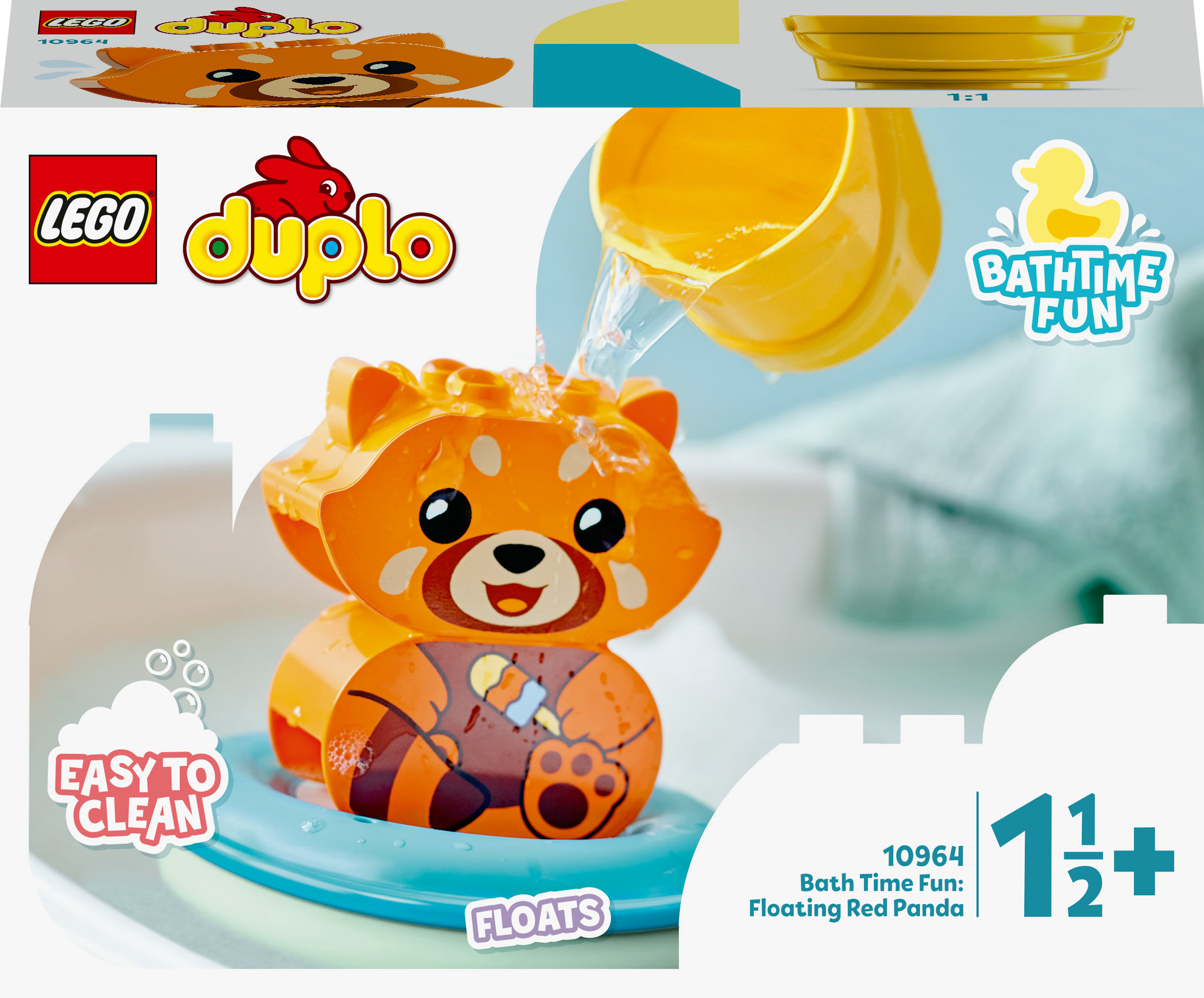Un set Lego Duplo presenta un giocattolo panda arancione in una scena di vasca da bagno con una papera di gomma.