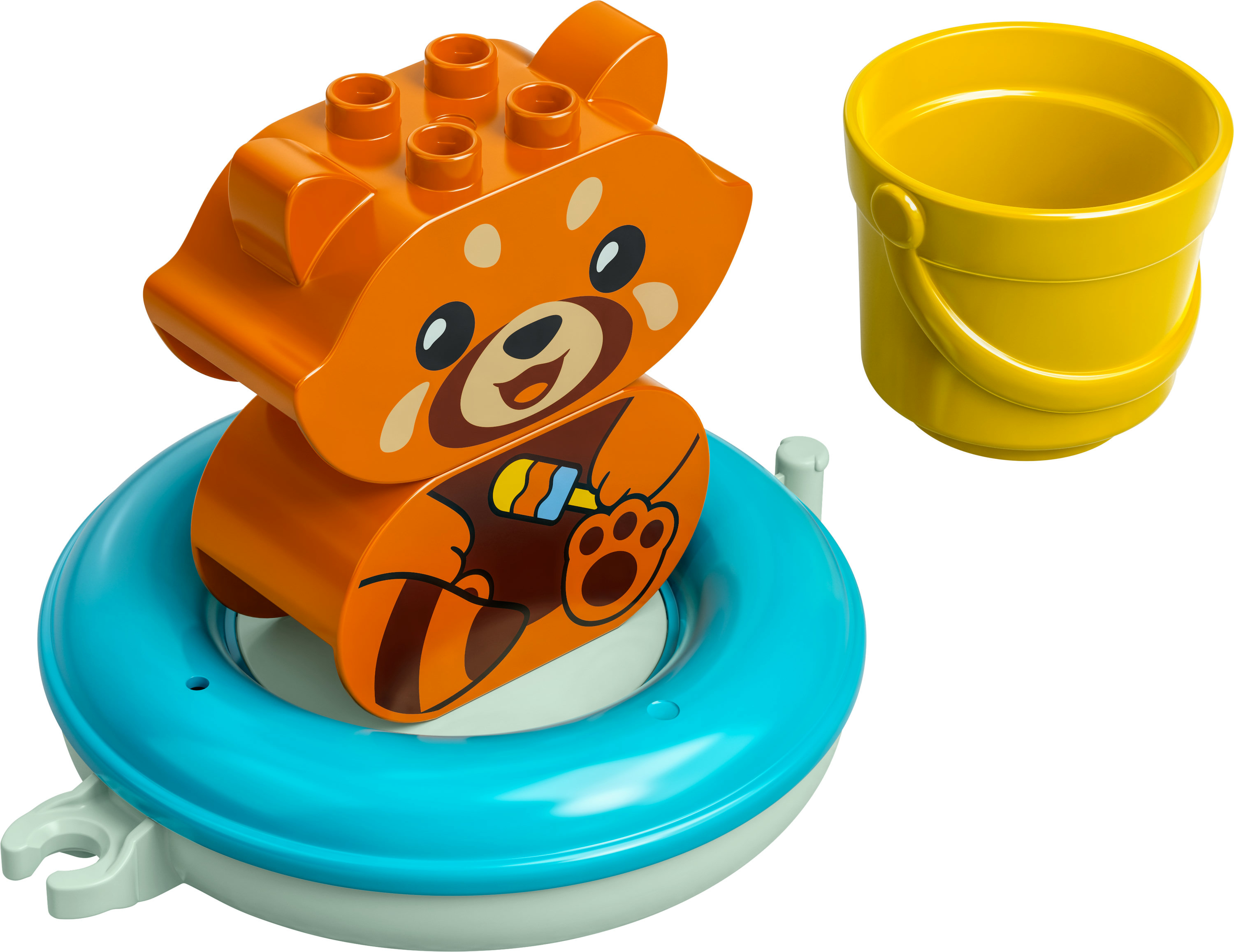Set Lego Duplo con un panda rosso in un galleggiante per piscina, con un secchio giallo vicino.