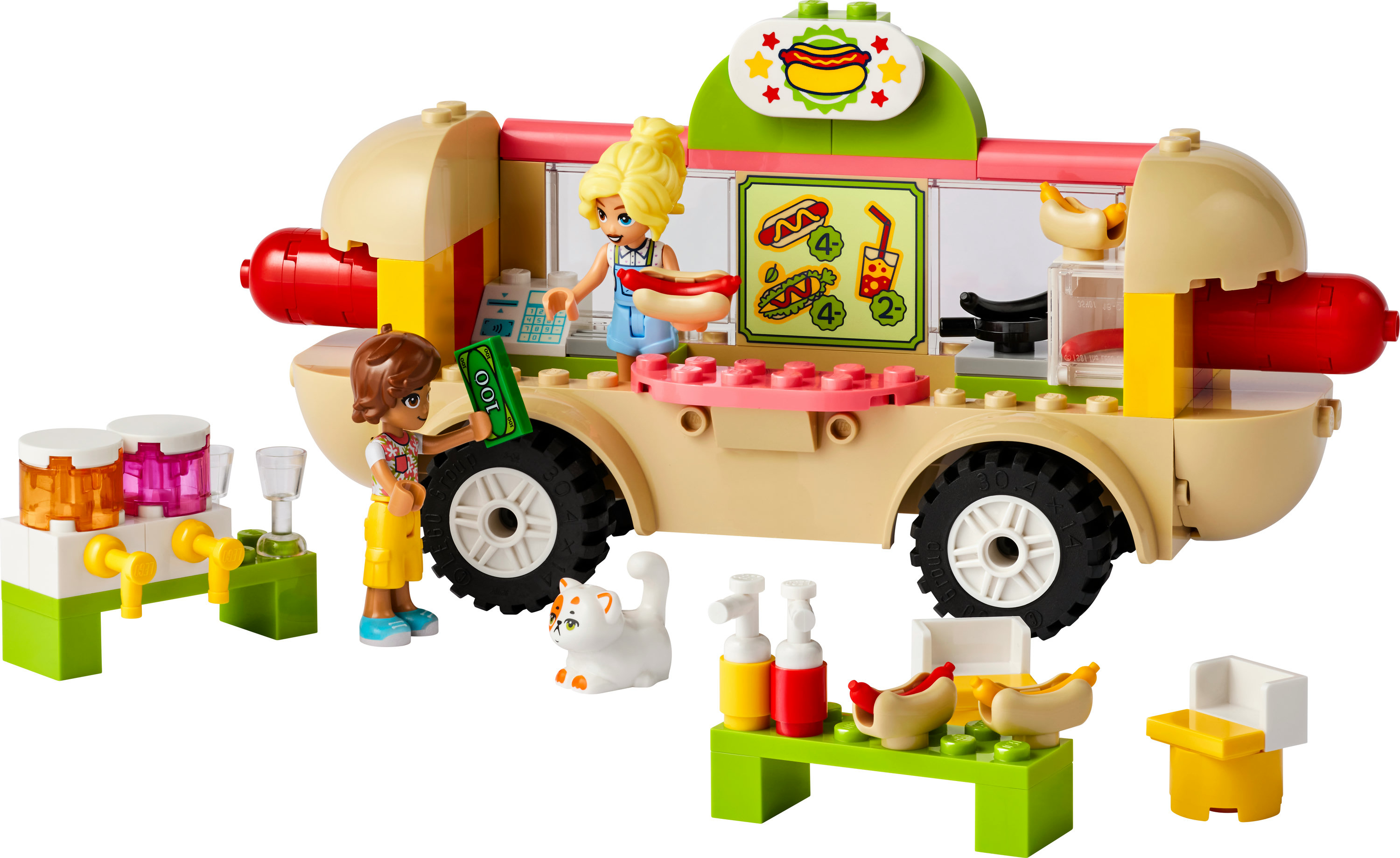 Set LEGO Friends puesto de perritos calientes con minifiguras. Incluye comida, un gato y un camión de comida.
