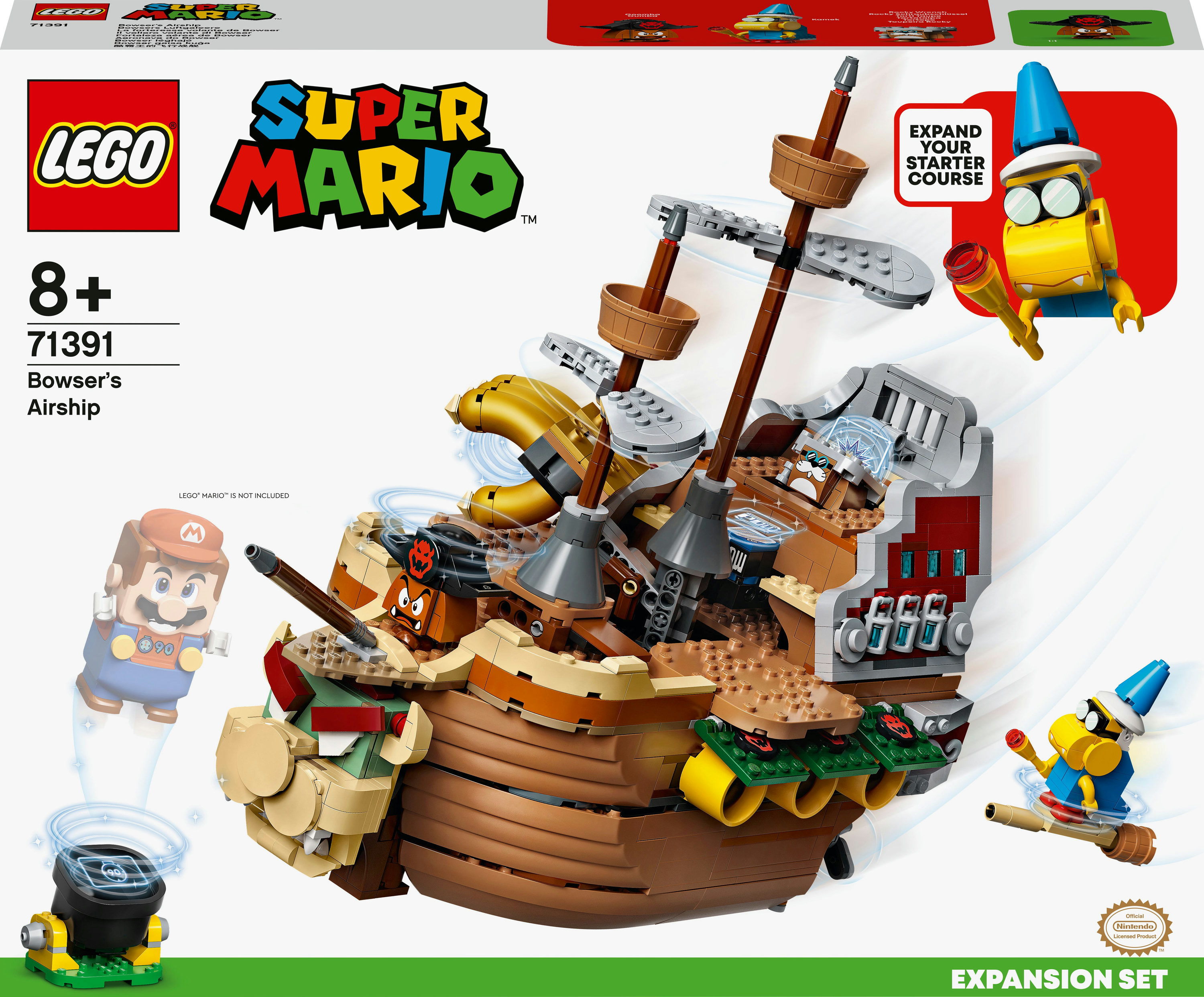 Una scatola del set LEGO Super Mario mostra l'Aeronave di Bowser con Mario e altre figure.
