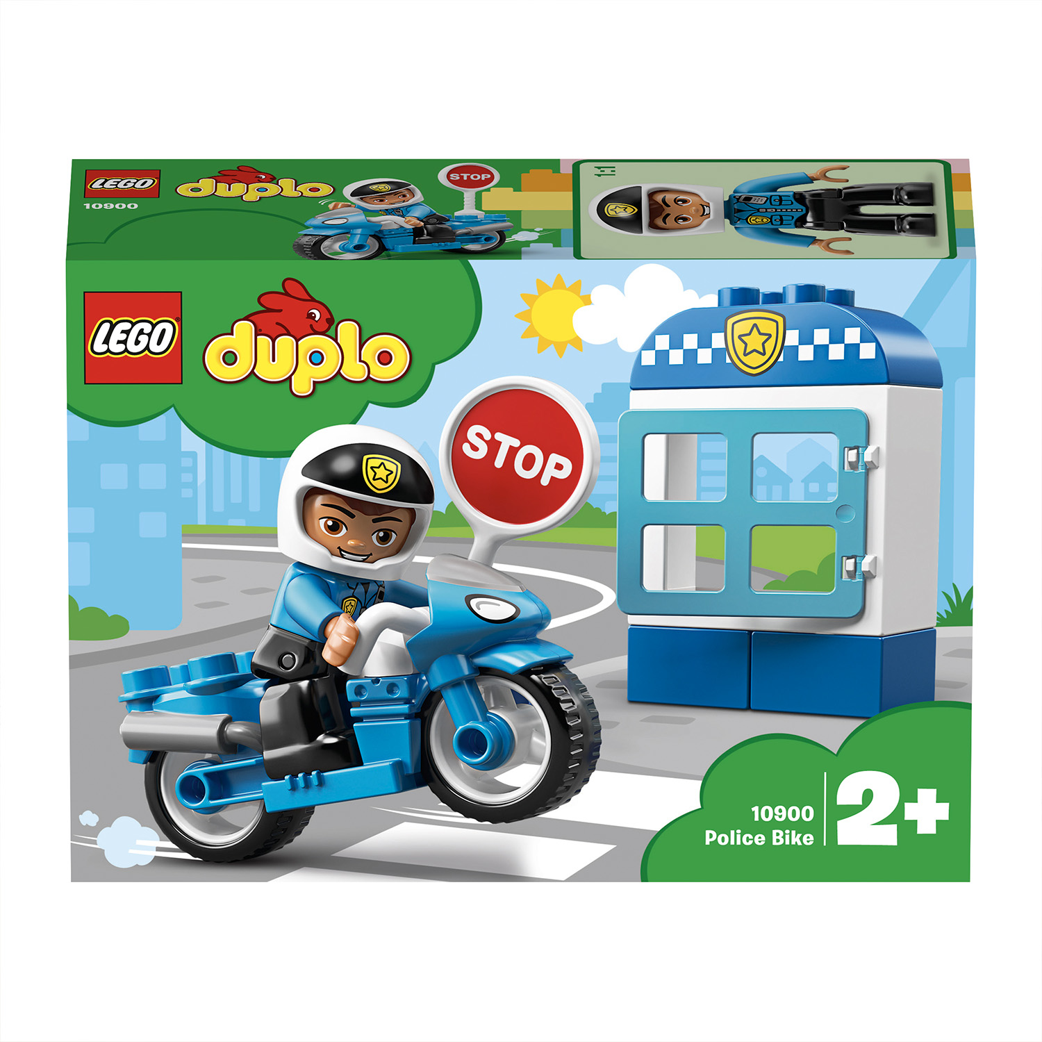 Ein Lego Duplo-Set mit einem Polizisten auf einem blauen Motorrad und einer Polizeistation.