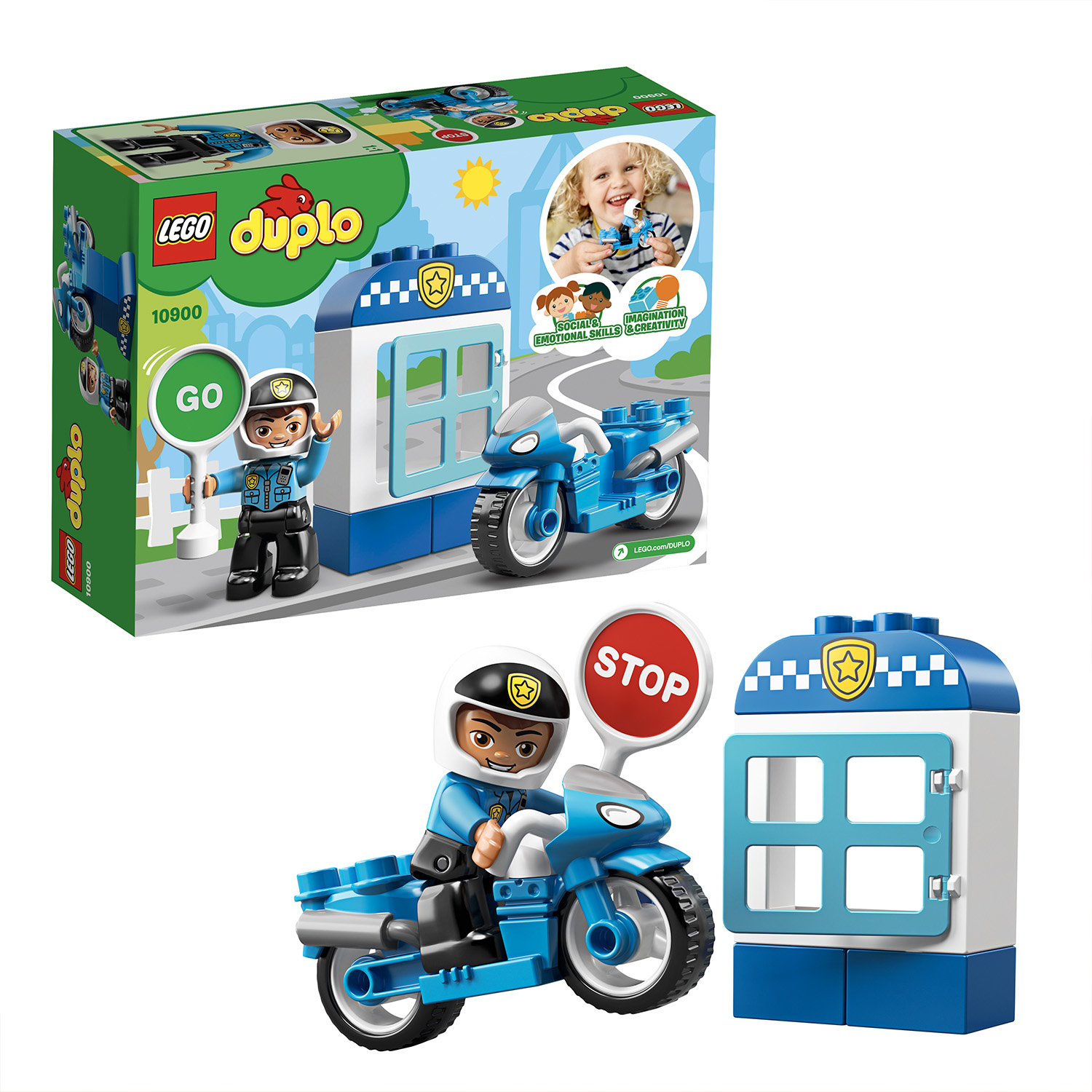 Ein Lego Duplo Polizeistationsset mit Figuren und Fahrzeugen.
