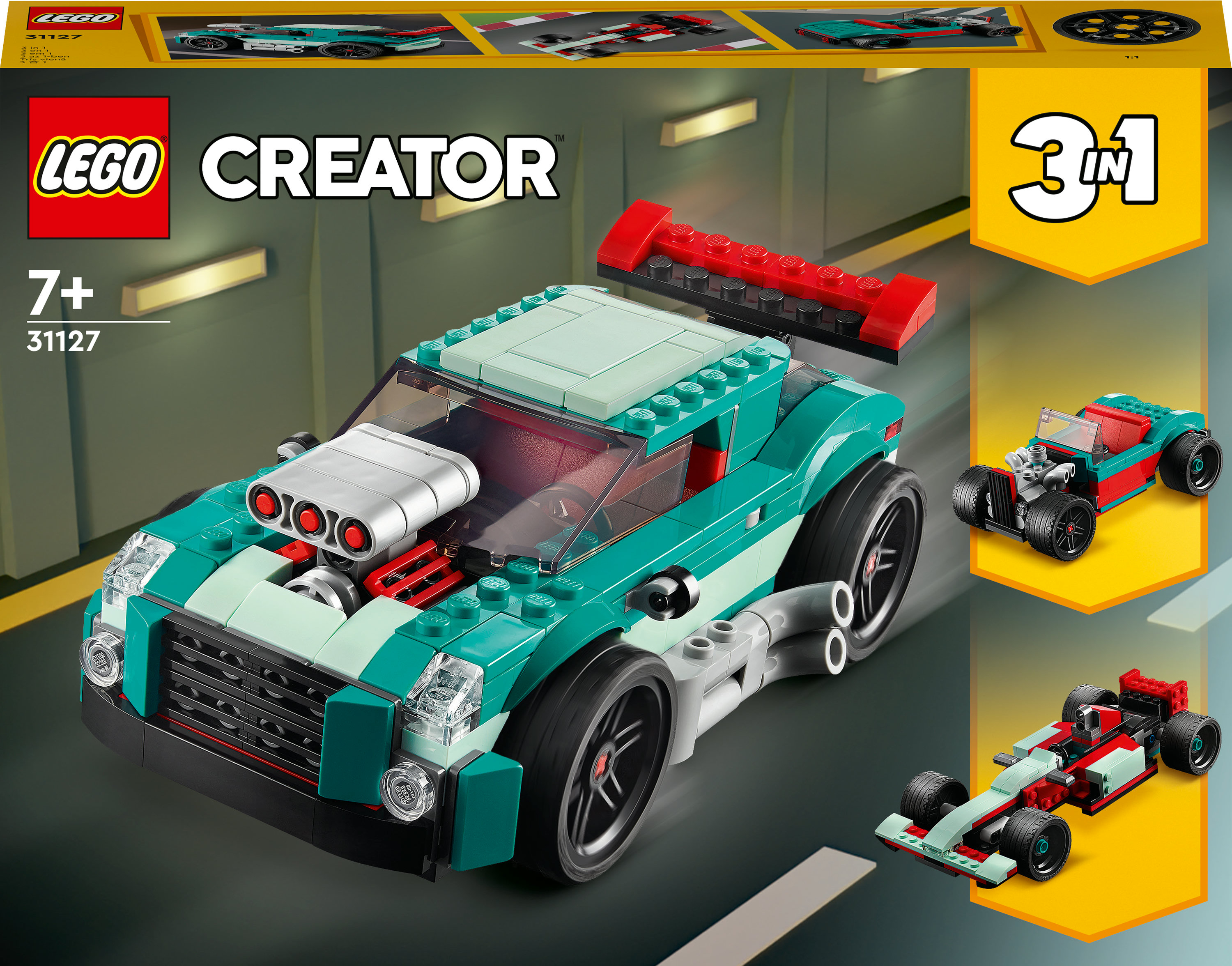 Zestaw LEGO Creator 3 w 1 samochód sportowy, turkusowy samochód z czerwonym spojlerem. Pokazano również inne opcje budowy.