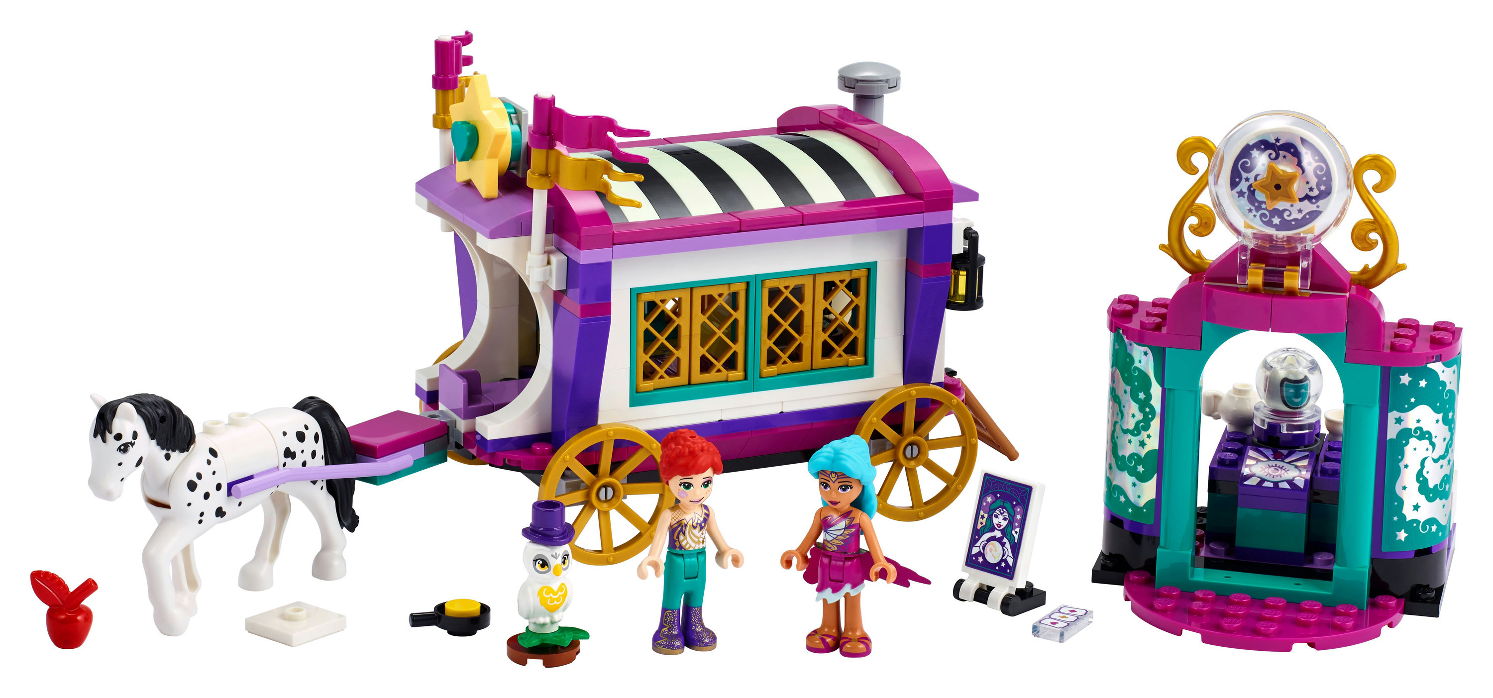 Zestaw Lego Friends: wóz cyrkowy, scena z kryształową kulą i minifigurki artystów cyrkowych.