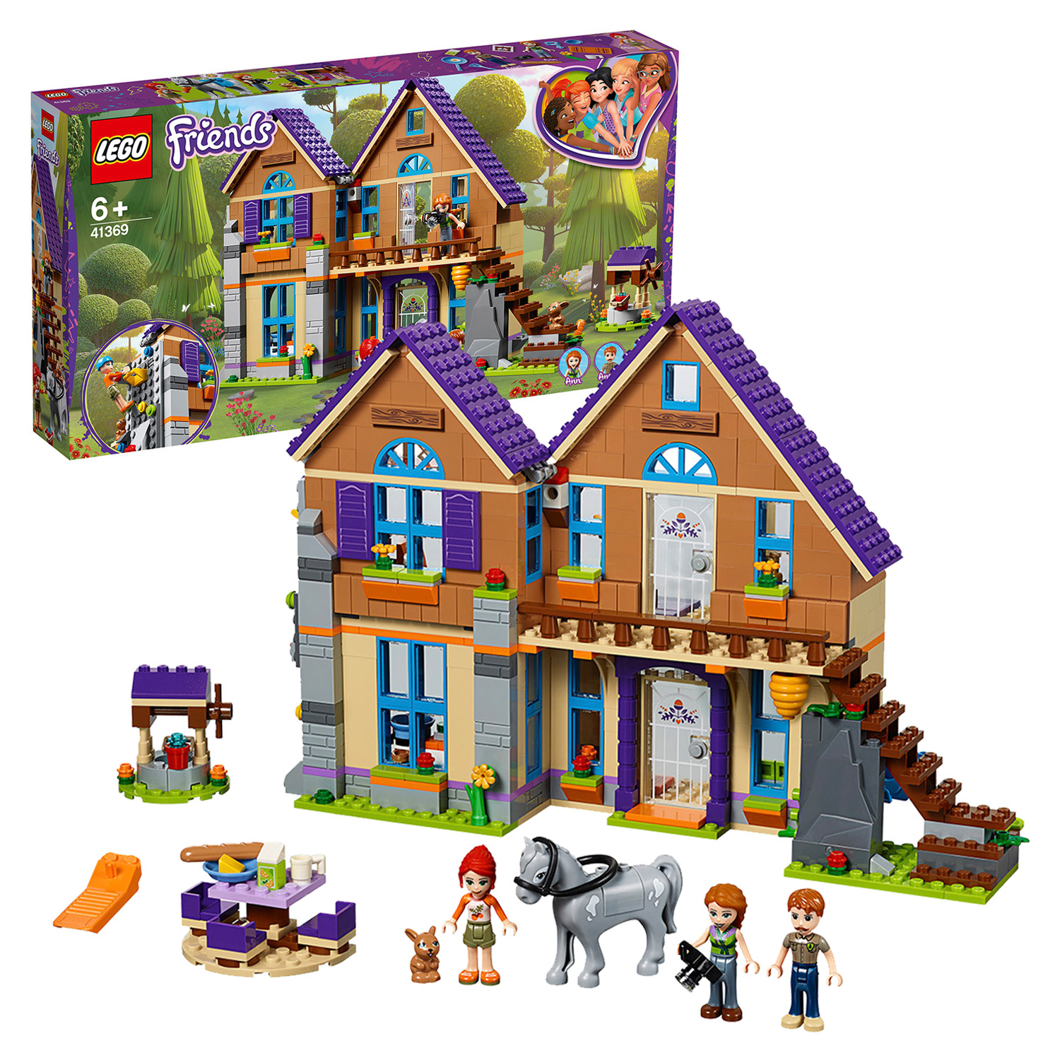 Lego Friends Set mit Haus, Brunnen, Tisch, Pferd und Figuren.