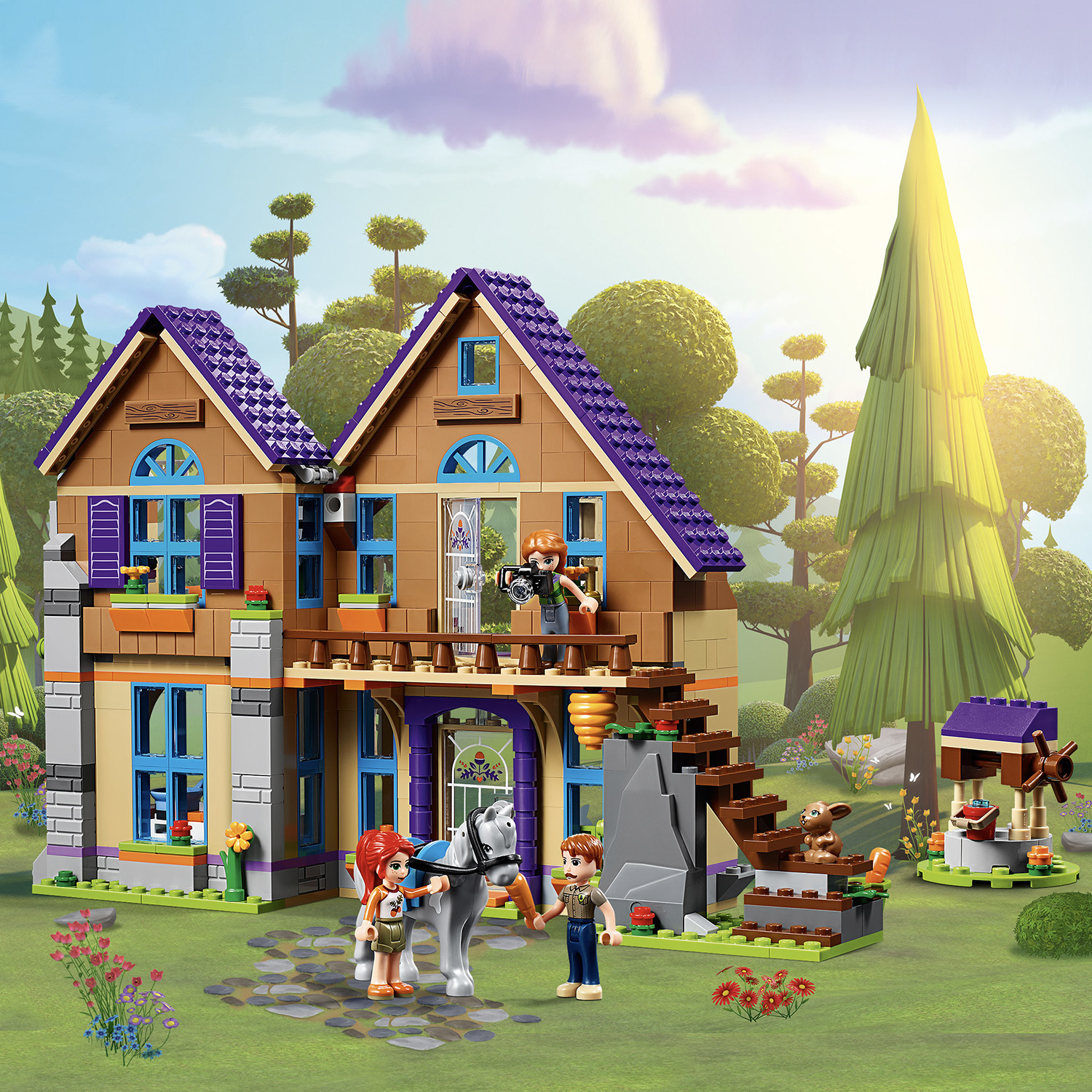 Lego Friends Set: Ein Haus mit Leuten, einem Pferd, einem Brunnen, Bäumen und einer Steinmauer.