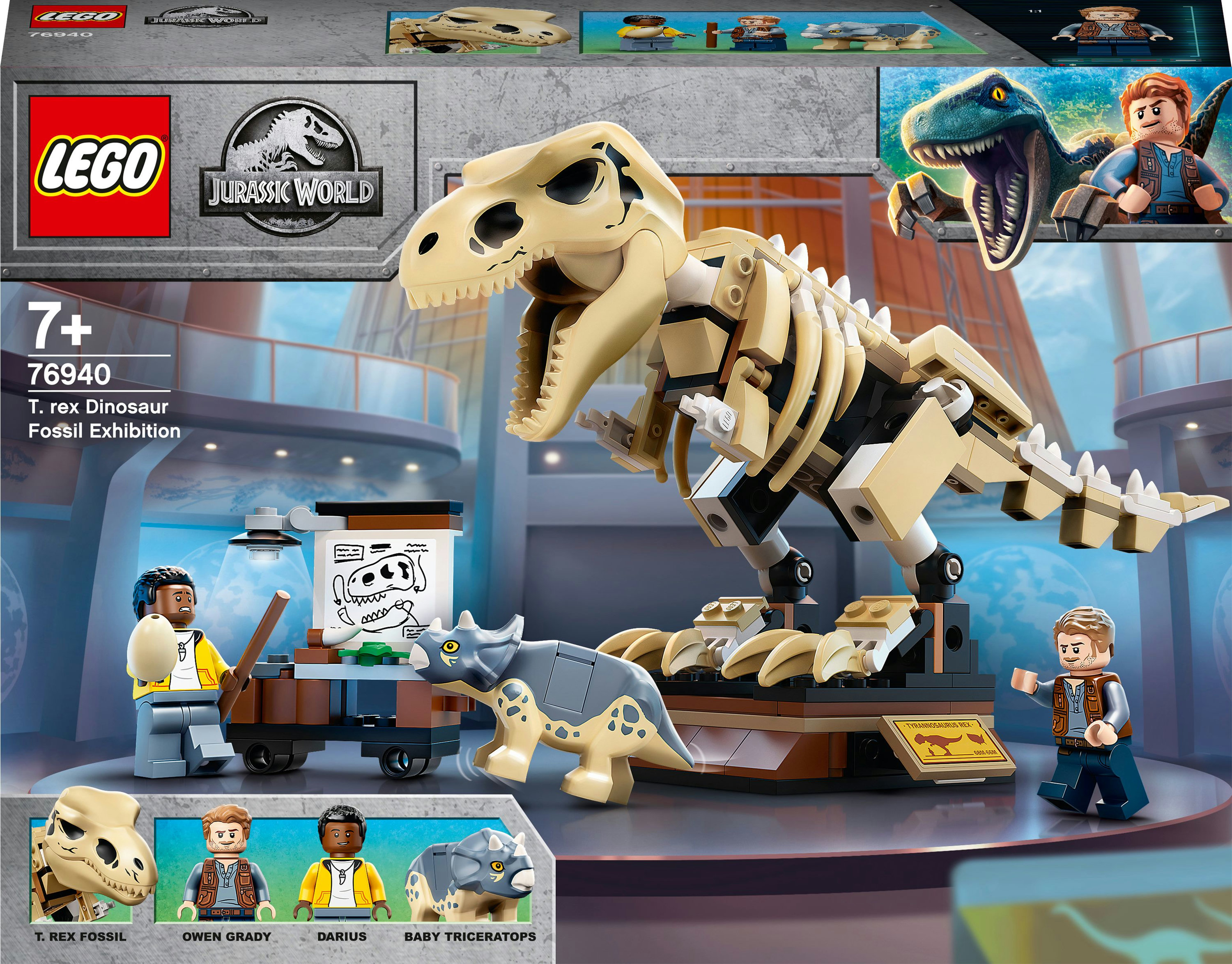 LEGO Jurassic World Set mit einer T. rex Fossilienausstellung. Enthält Figuren und Dinosaurier.
