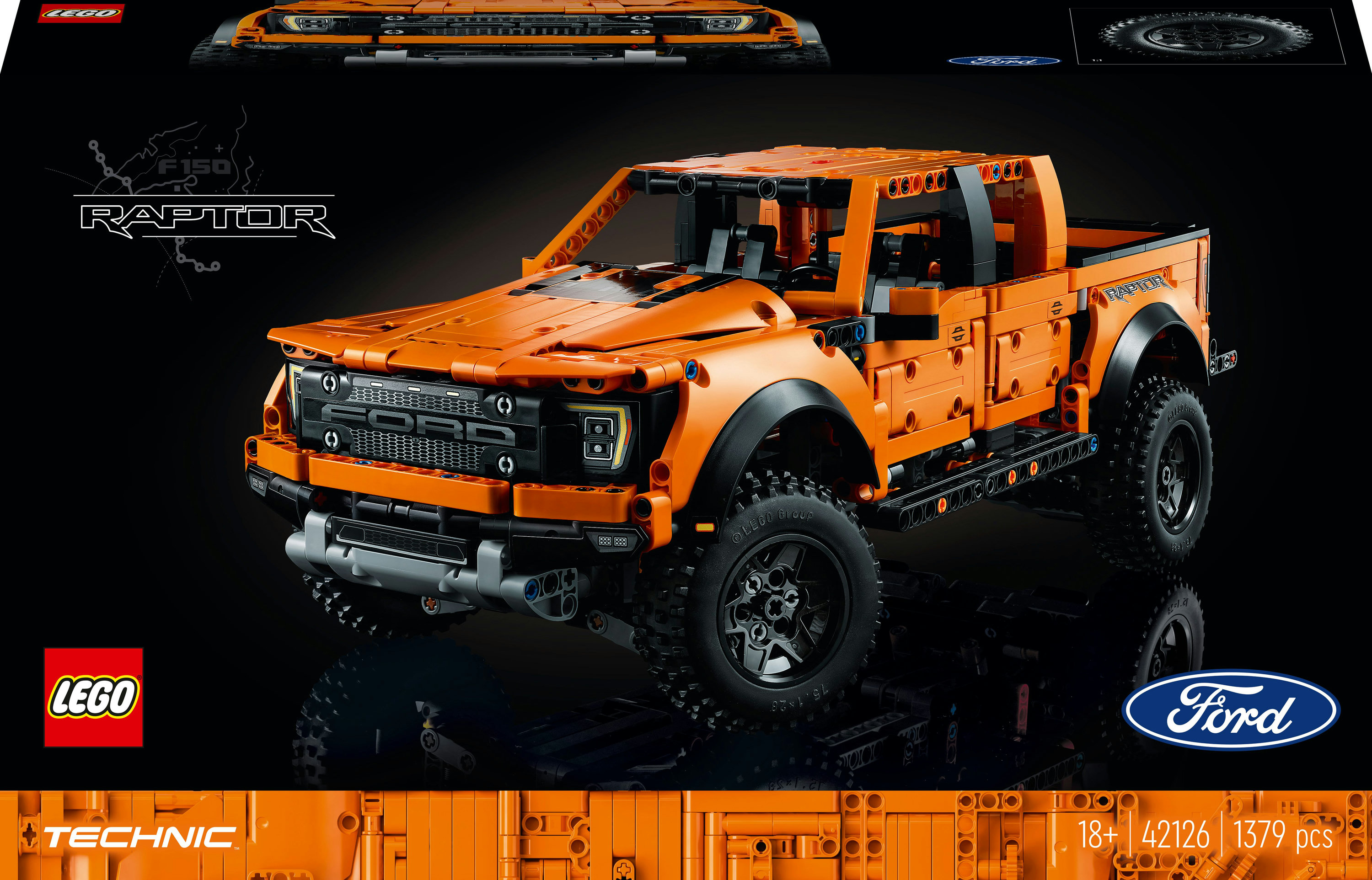 Zestaw LEGO Technic Ford F-150 Raptor, pomarańczowy model ciężarówki z czarnymi kołami na czarnym tle.