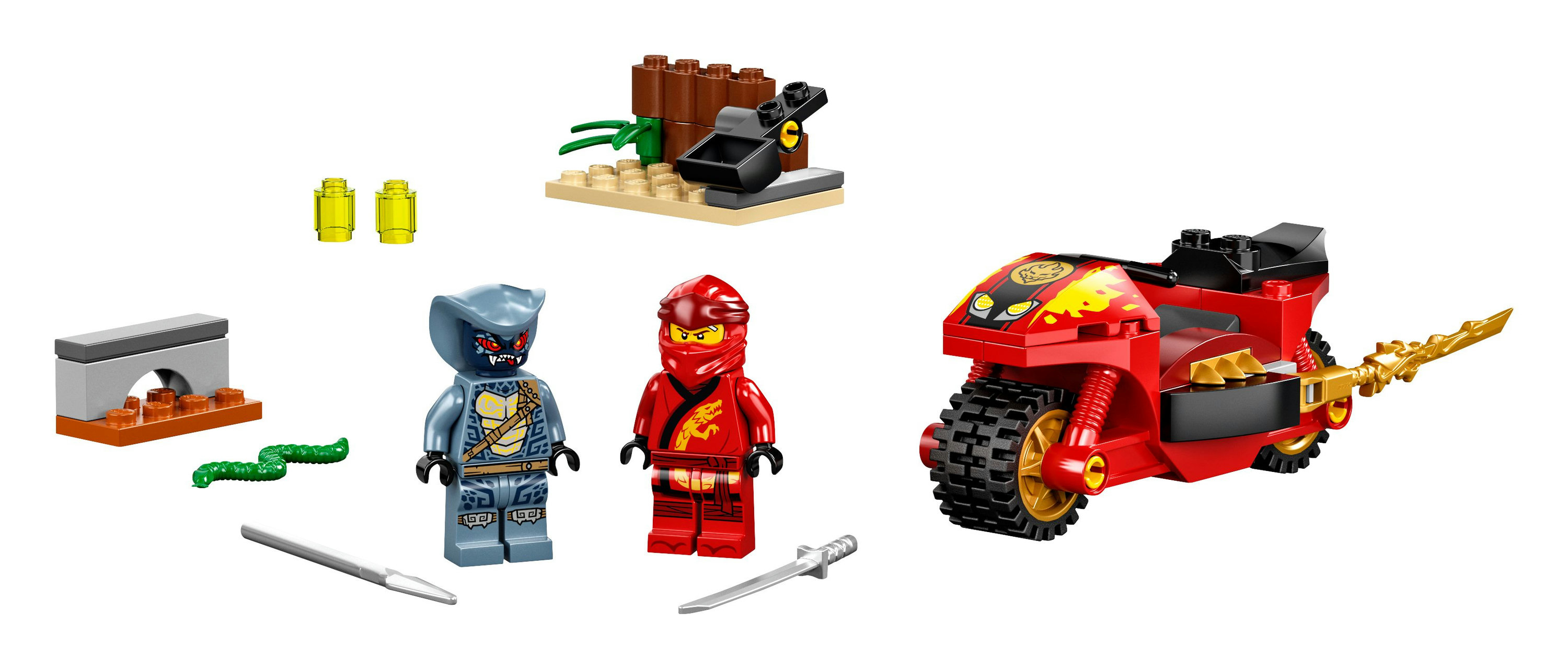 Lego Ninjago Set mit Ninja-Figuren, einem Motorrad und Zubehör auf Weiß.