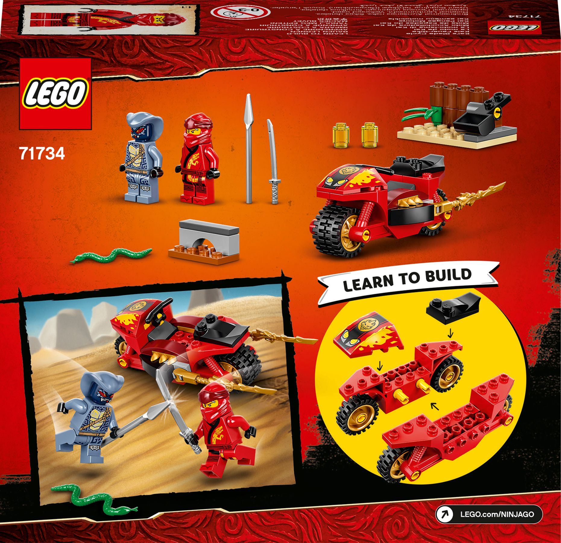 Lego-Box mit einem roten Ninja und seinem Motorrad mit einer Schlange.