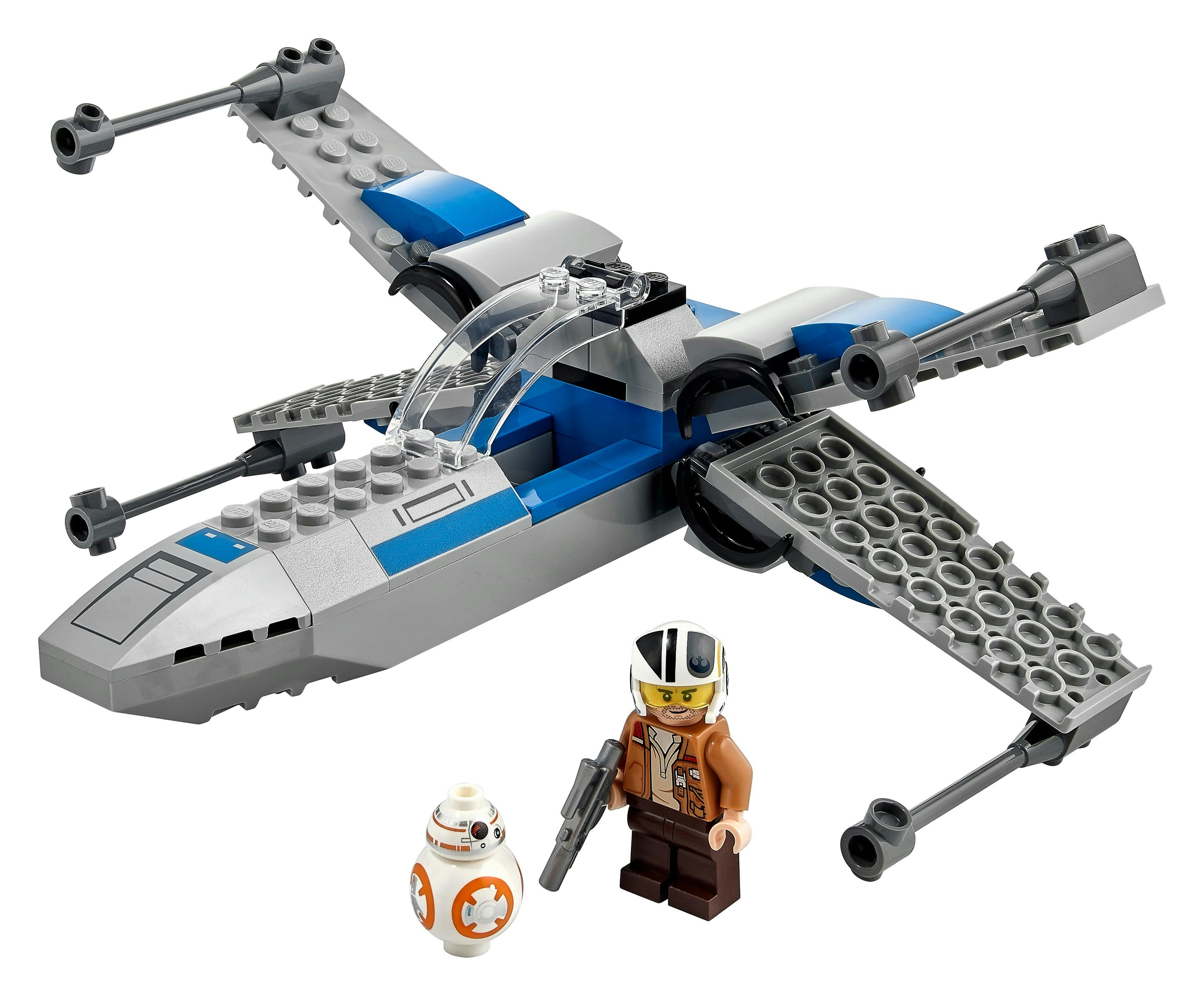 LEGO Star Wars X-Wing Sternjäger mit einer Pilotenfigur und BB-8-Droide auf weißem Hintergrund.
