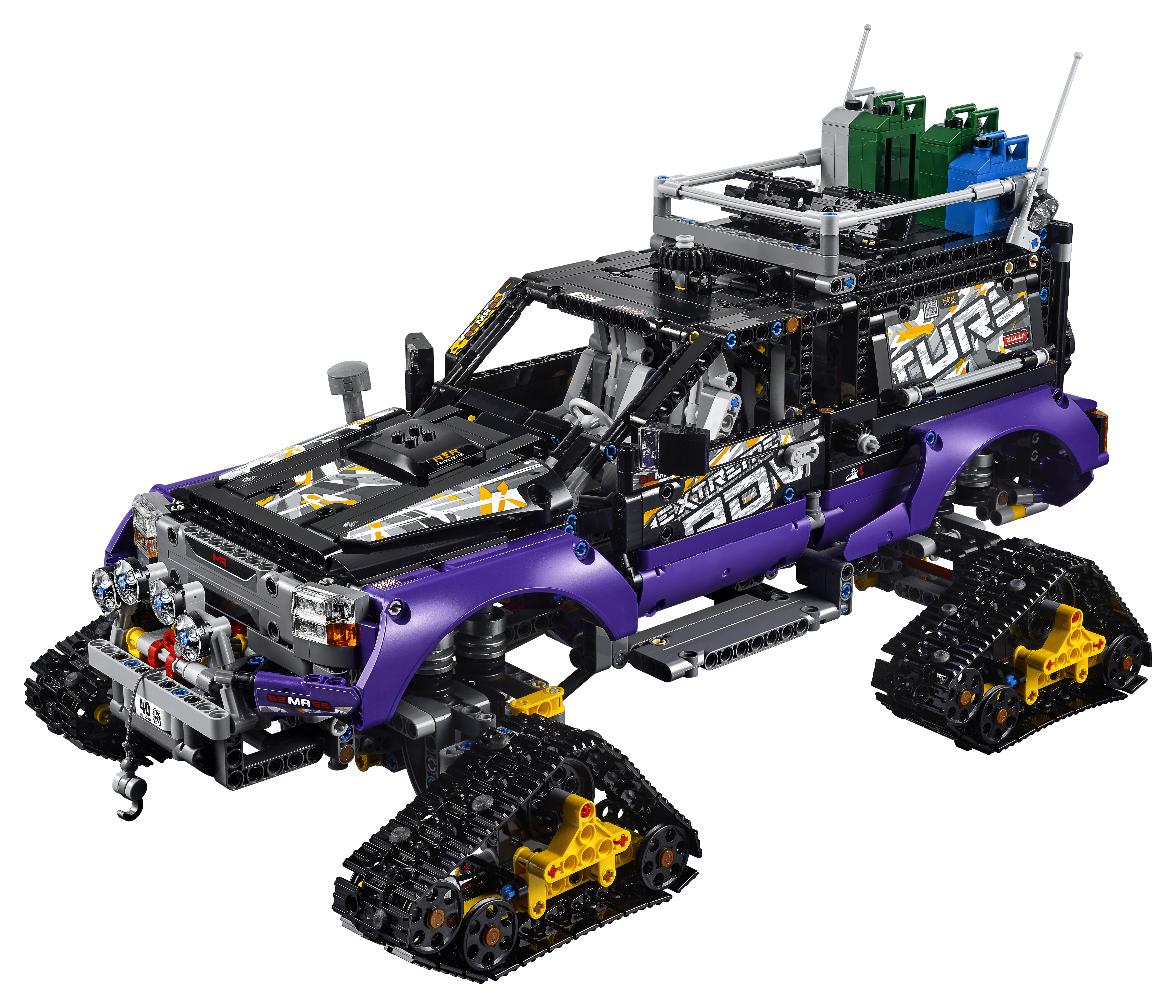 Zestaw Lego Technic: czarno-fioletowa ciężarówka terenowa z gąsienicami i światłami.