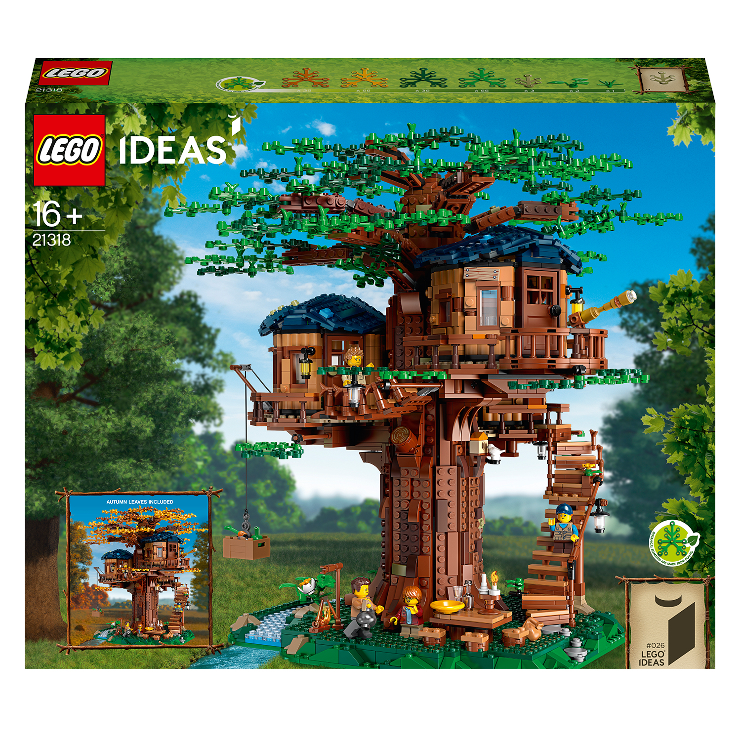 Pudełko zestawu LEGO Ideas Tree House z dużym modelem domku na drzewie w lesie.