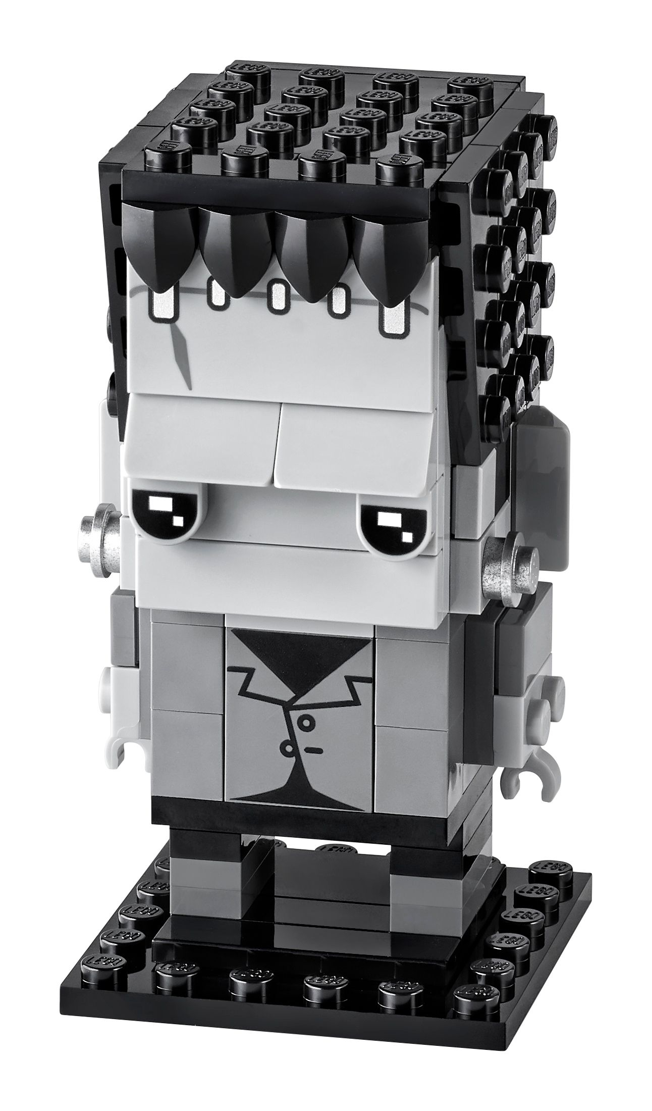 Eine LEGO-Figur von Frankensteins Monster. Es ist grau und schwarz, mit einem quadratischen Kopf und einer schwarzen Basis.