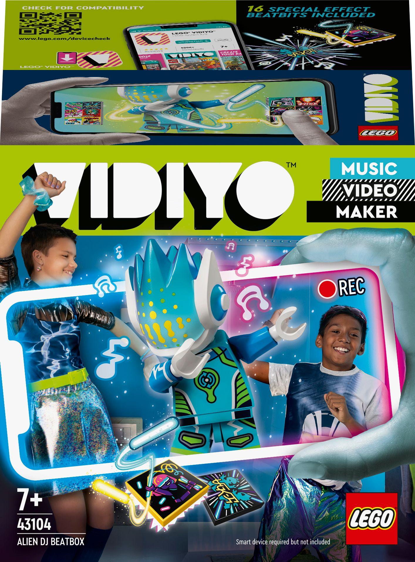 Lego Vidiyo Set: eine Box, Charaktere und ein Telefon. Leute filmen. Musiknoten und grafische Elemente.