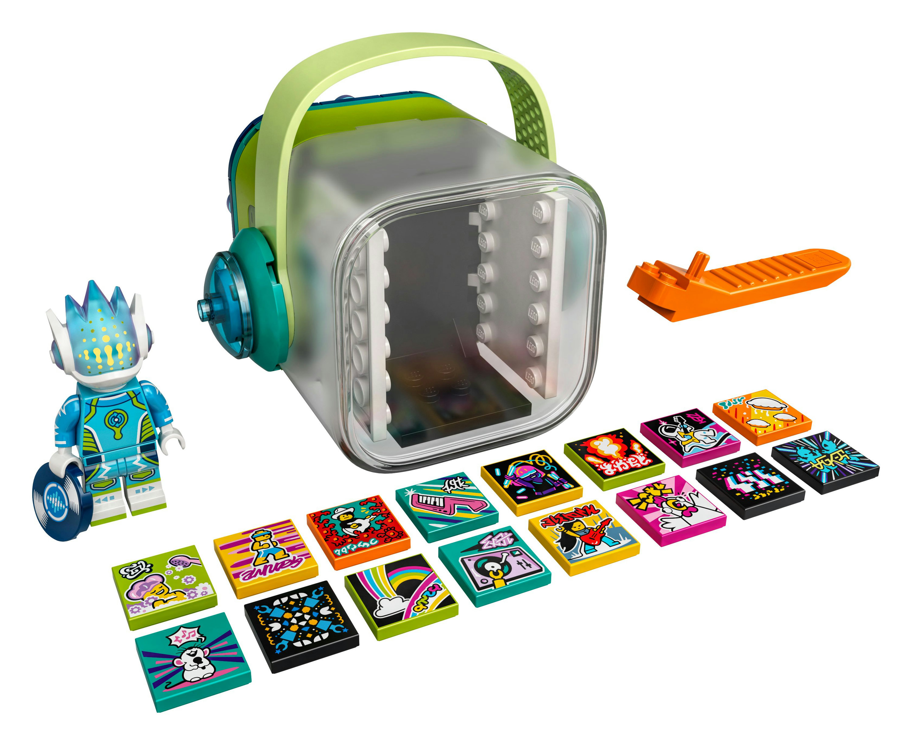 Ein Lego-Set mit einer Figur und einer transparenten Box mit Lichtern. Es gibt bunte Aufkleber.