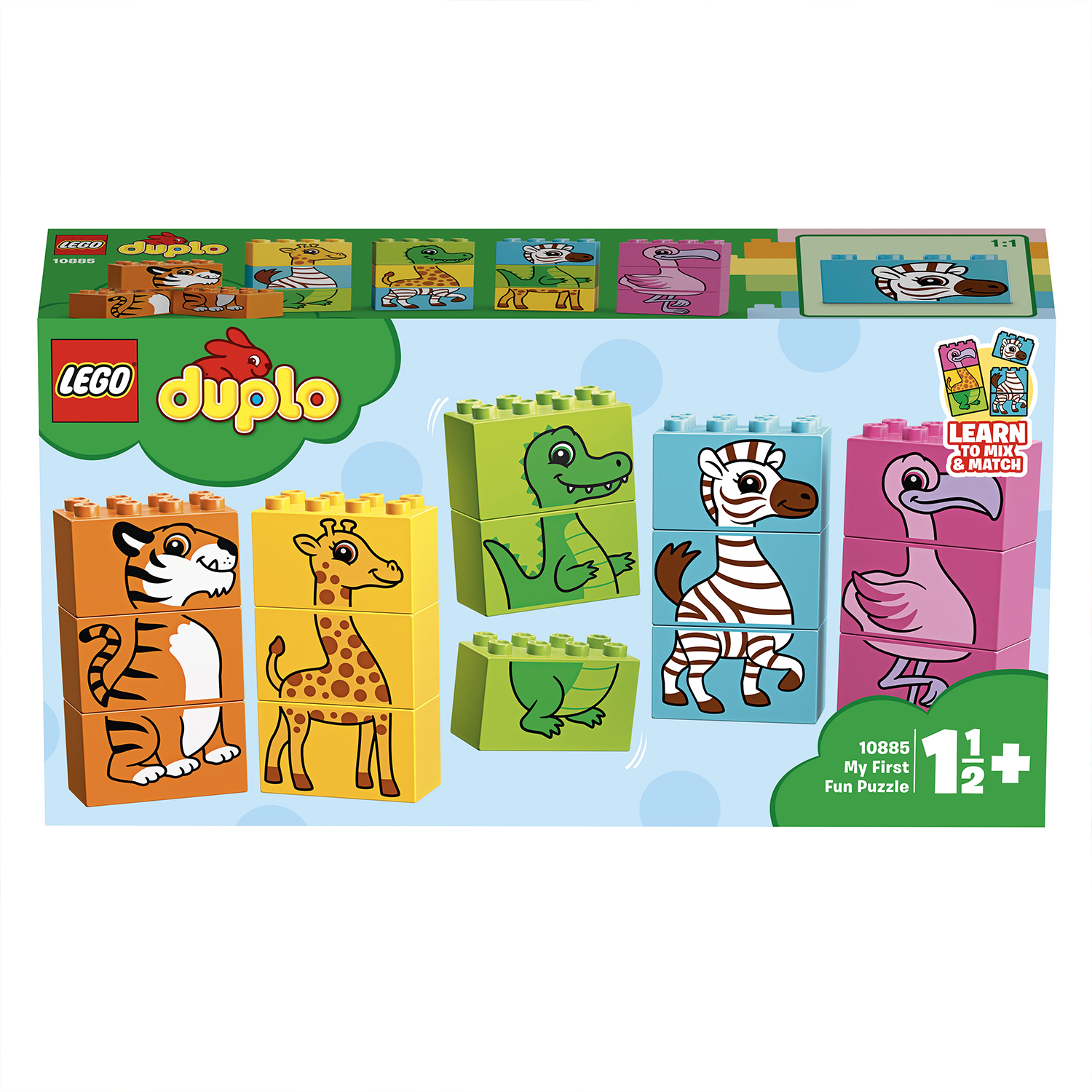 Eine Lego Duplo Box mit Tierblöcken und einem Lern-zuordnen-Design.