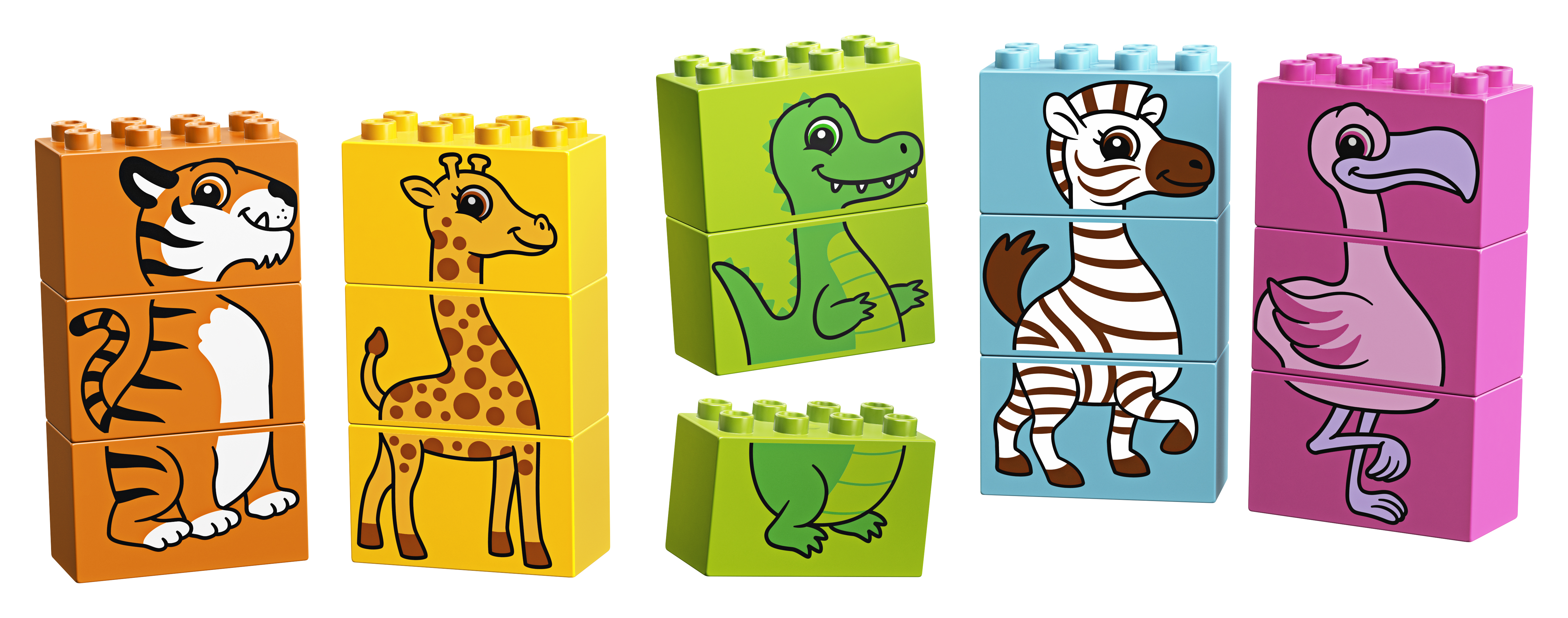LEGO-Blöcke mit Tiergesichtern: Tiger, Giraffe, Krokodil, Zebra, Flamingo.