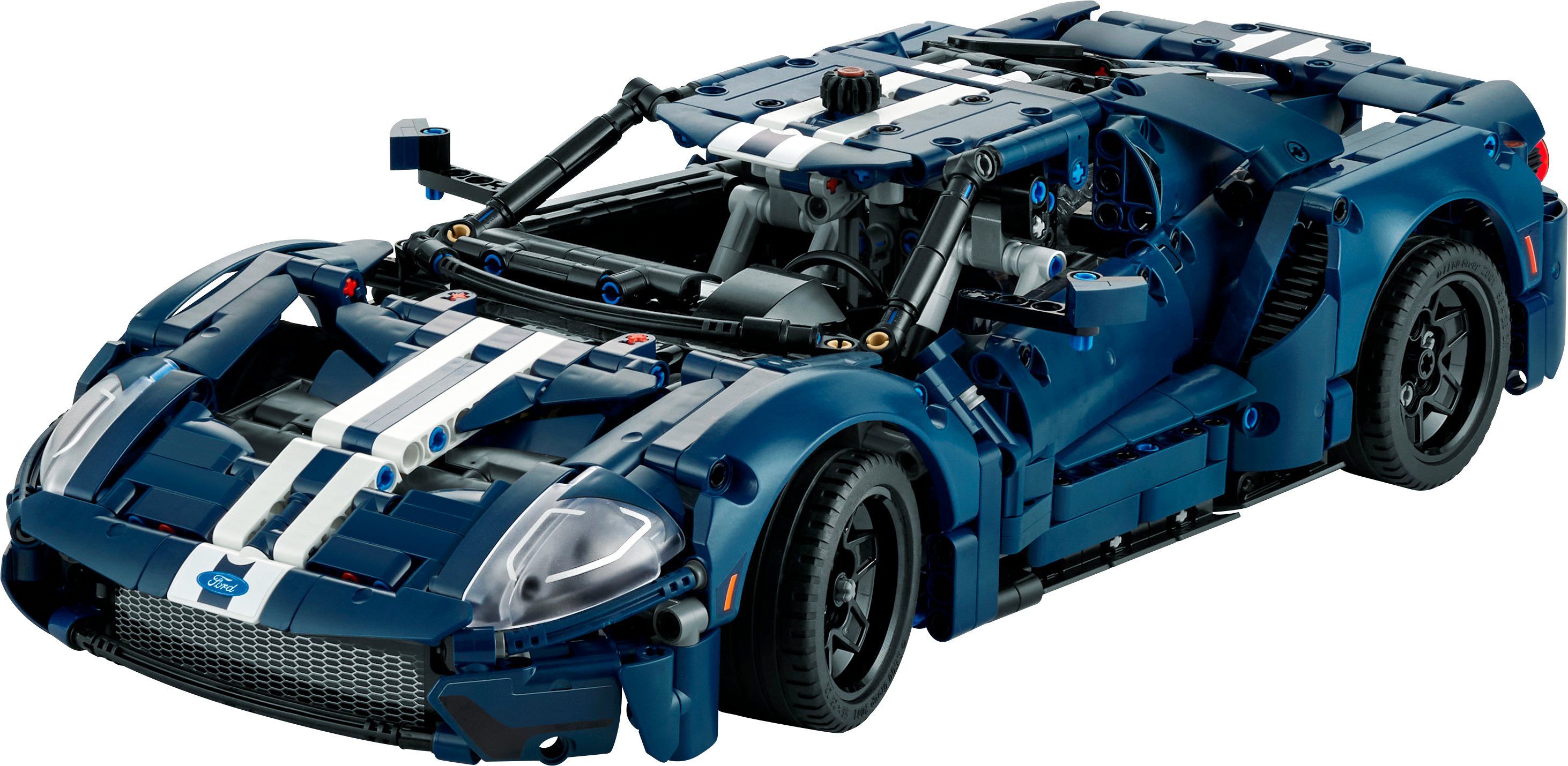 Model samochodu Lego Ford GT, niebieski z białymi paskami, na białym tle.