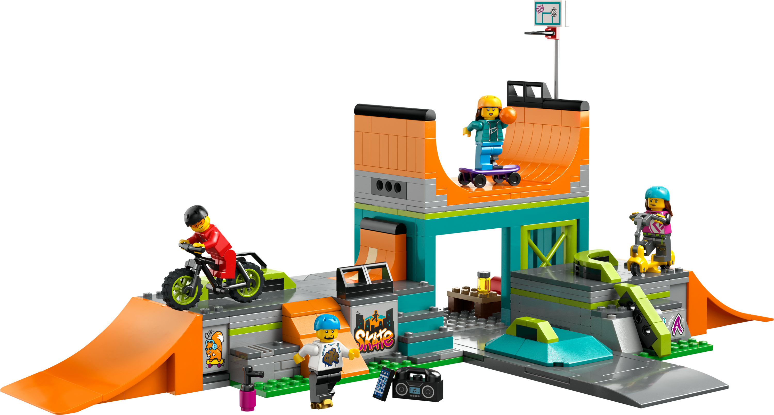Lego City Skatepark-Set mit Rampen, skatenden Minifiguren und einer Boombox.