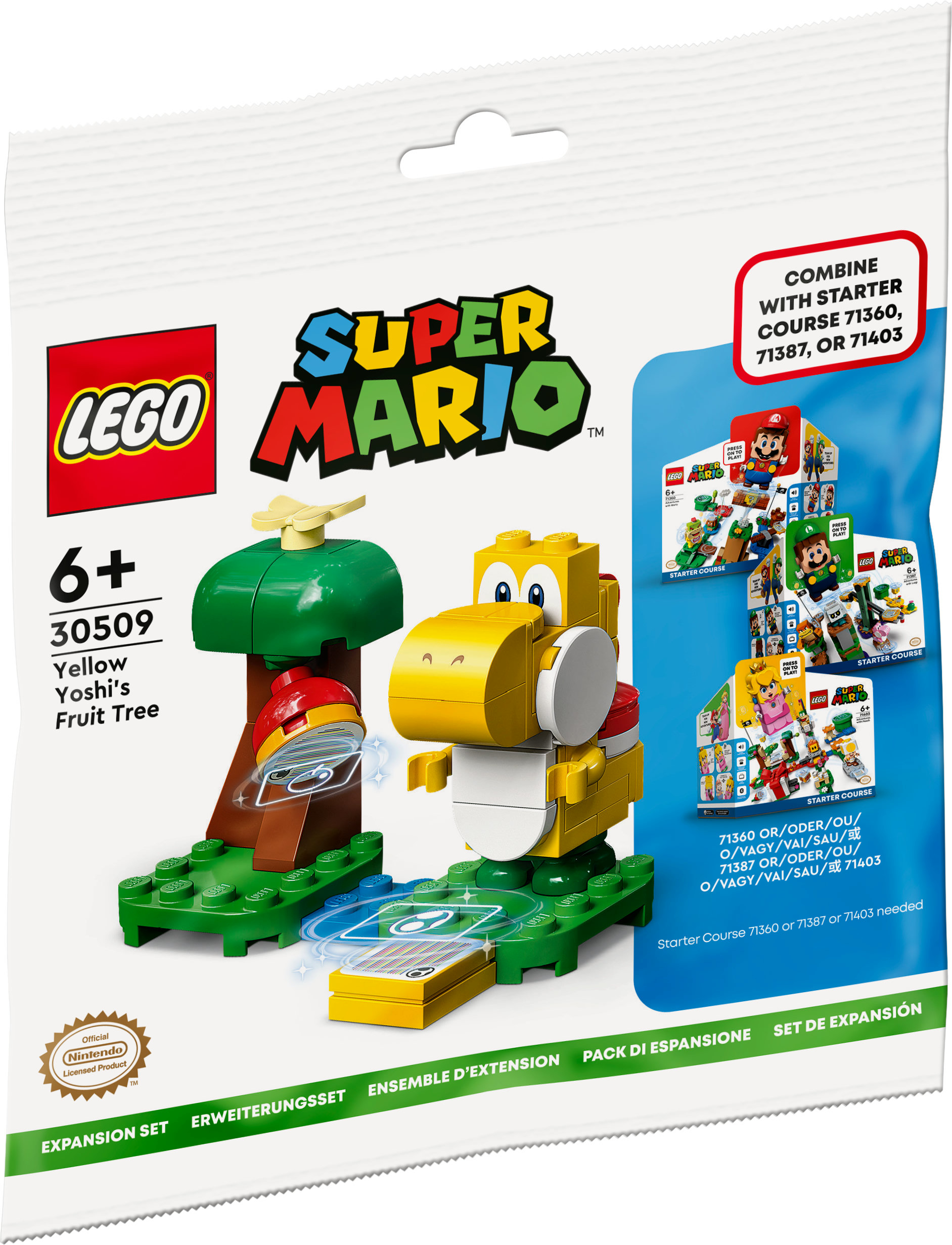 Un set Lego Super Mario con una figura di Yoshi giallo e un albero. Lo sfondo è bianco con un packshot.