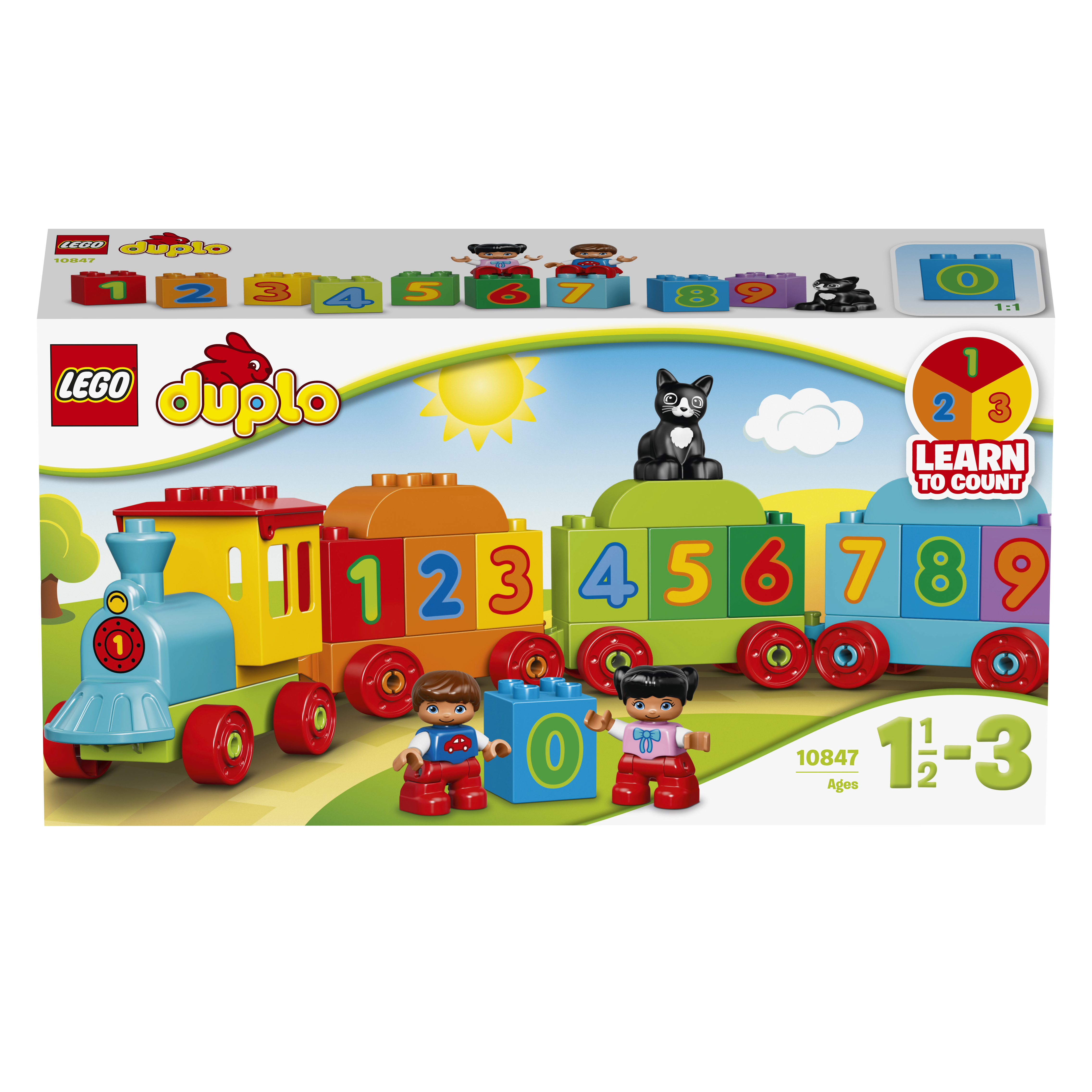 Lego Duplo Set. Ein Zug mit Zahlen, Figuren und einer schwarzen Katze.