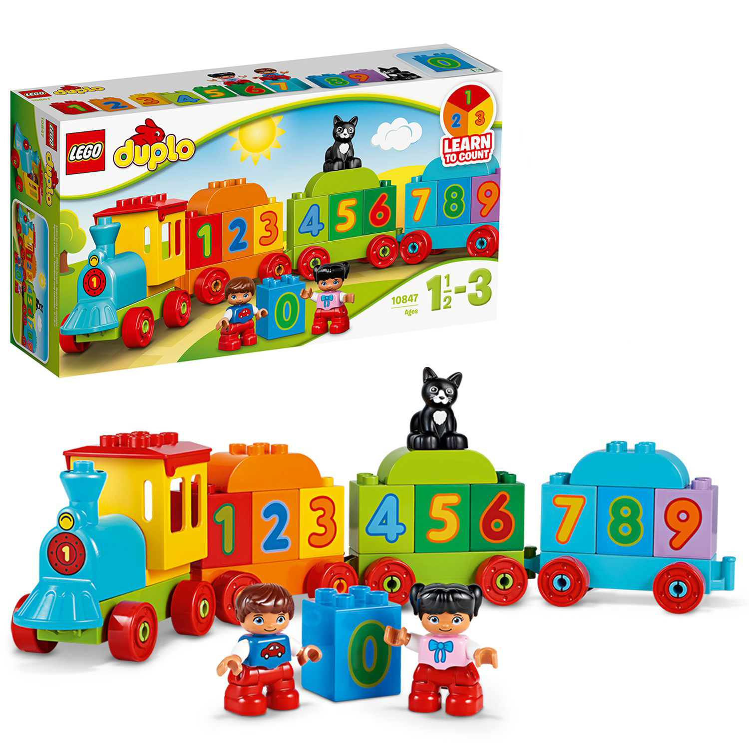 LEGO Duplo Zug-Set mit einem bunten Zug, Zahlen, Figuren und einer Box.