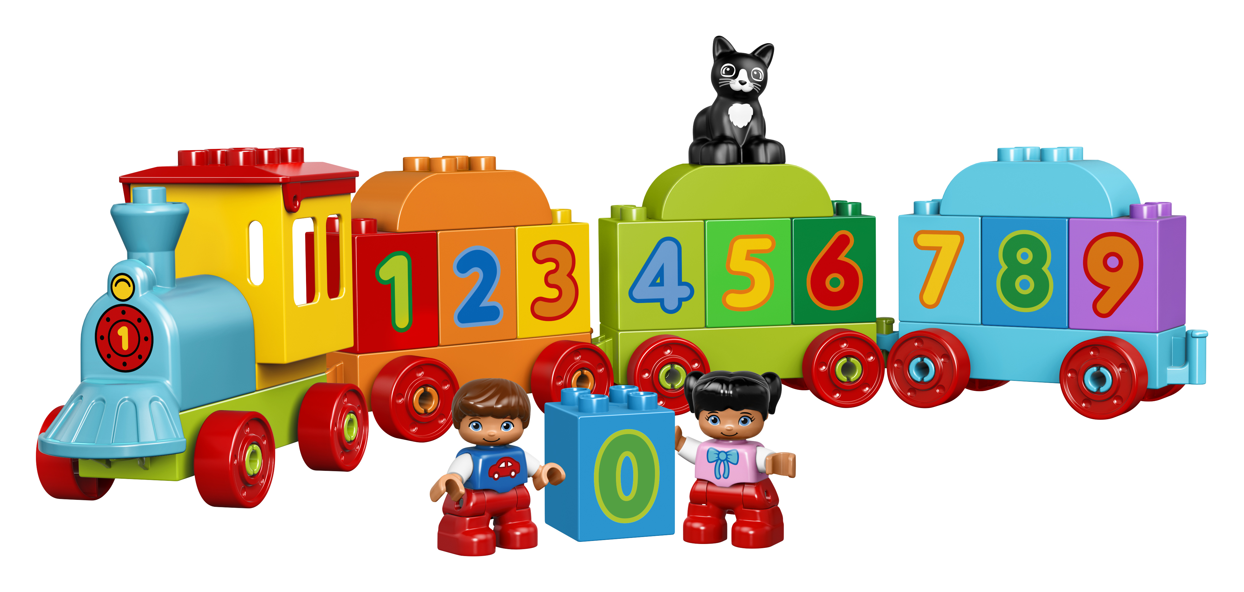 LEGO Duplo Zug mit den Zahlen 1-9, zwei Figuren und einer schwarzen Katze. Helle Primärfarben.