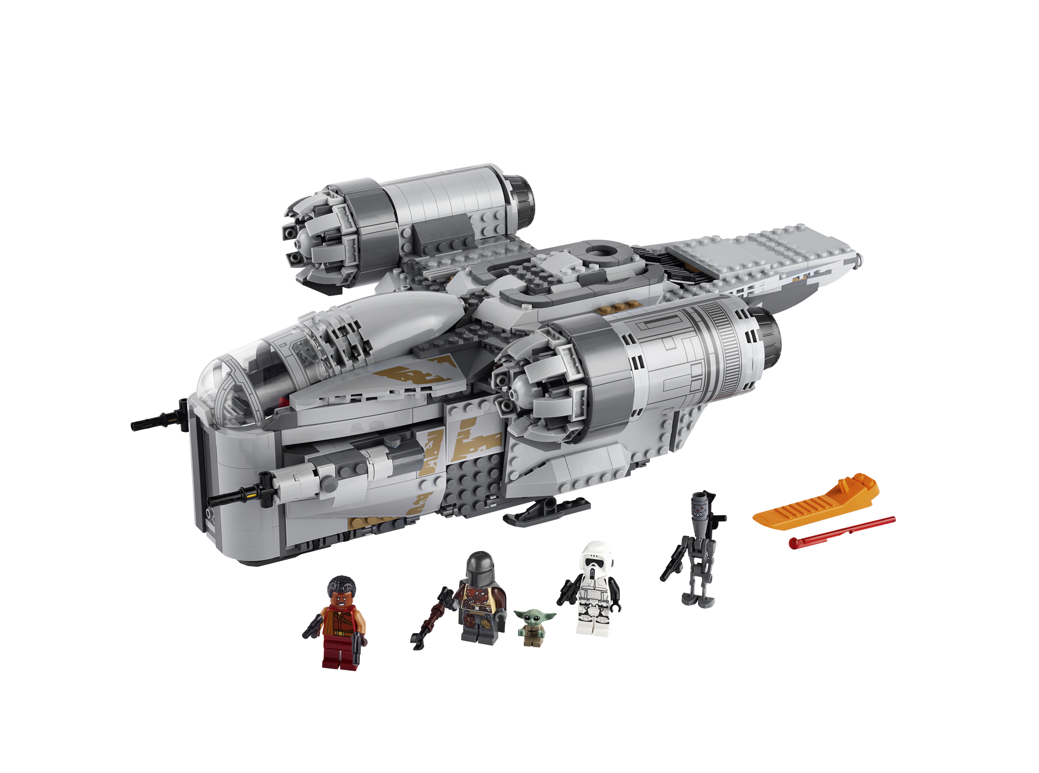 Un set Lego Star Wars con un'astronave argentata e personaggi.