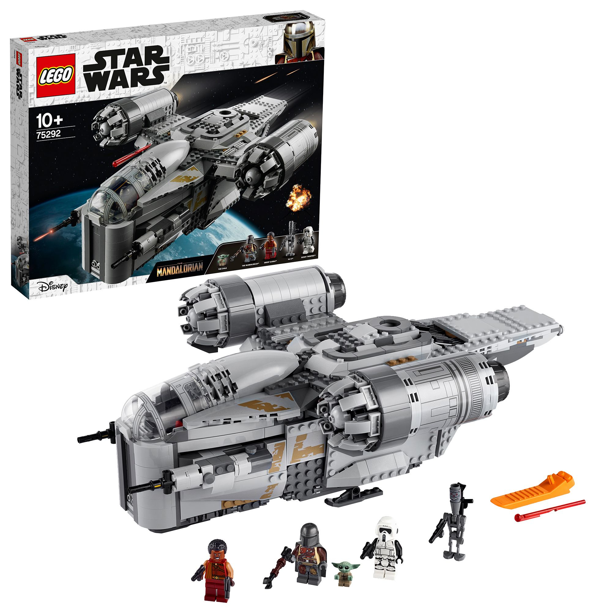 Set LEGO Star Wars: la nave del Mandaloriano, con minifigure, scatola visibile.