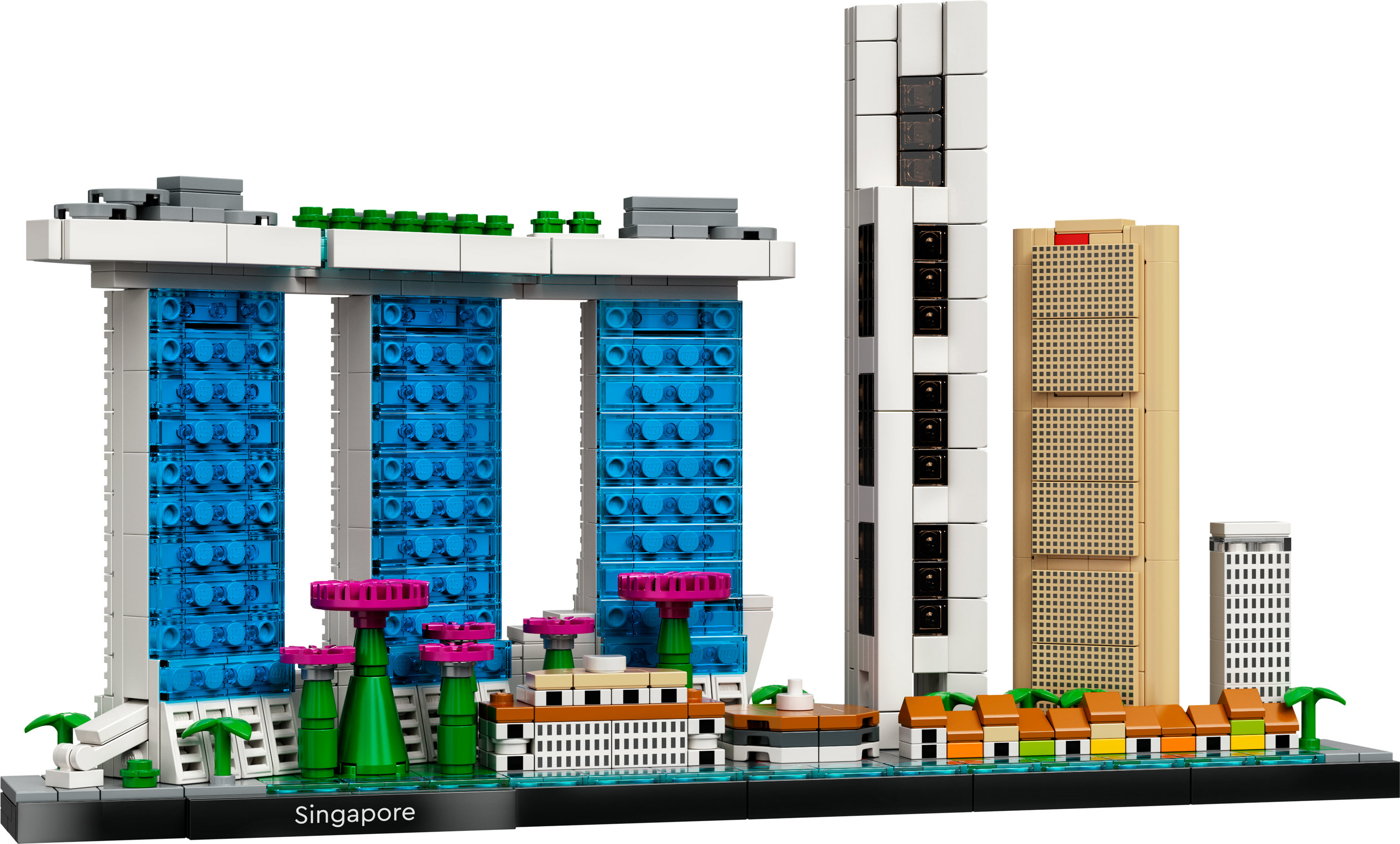 LEGO Singapore skyline model met iconische gebouwen, inclusief de Marina Bay Sands.