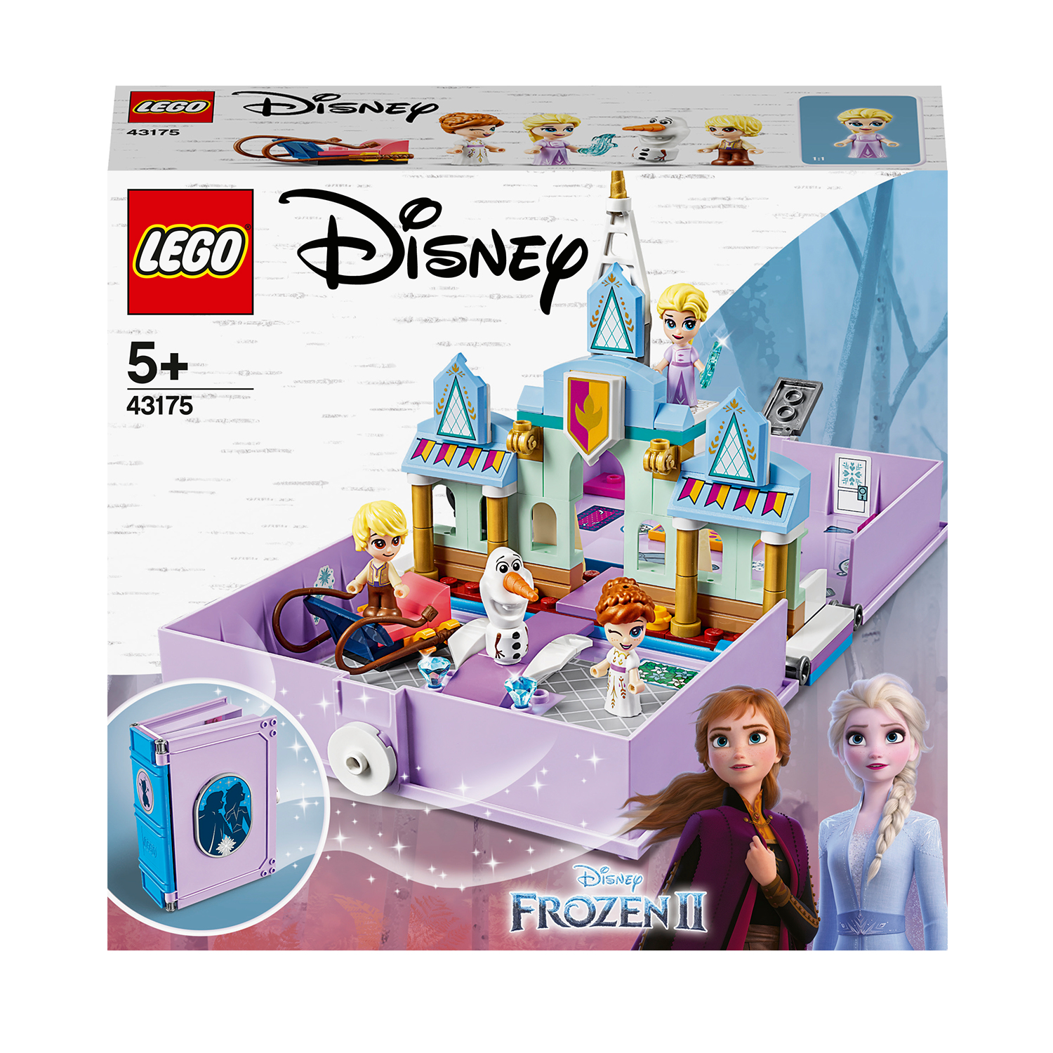 Lego Disney Frozen II set. Shows a castle, figures of Anna, Elsa, Olaf and others.